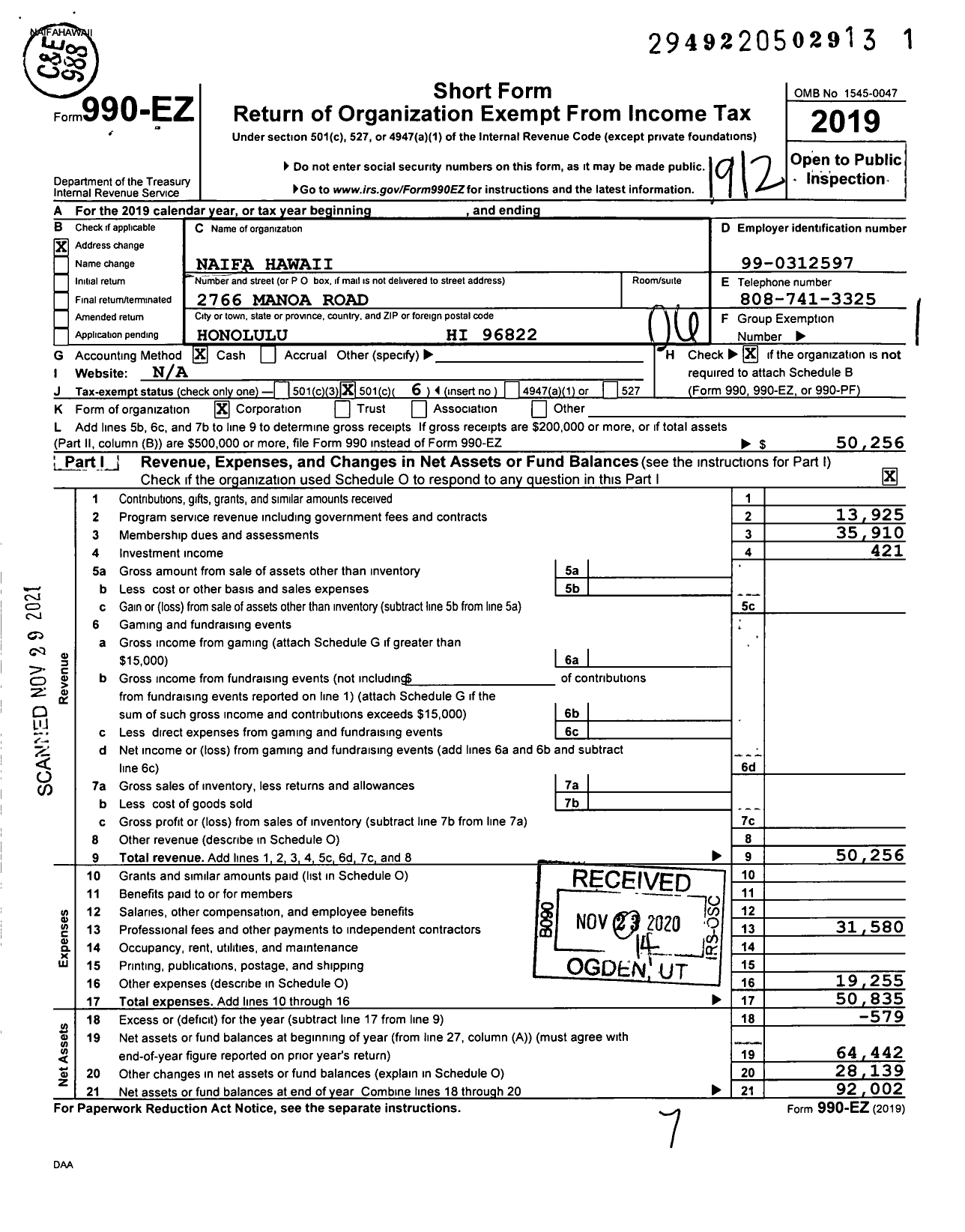 Image of first page of 2019 Form 990EO for Naifa Hawaii