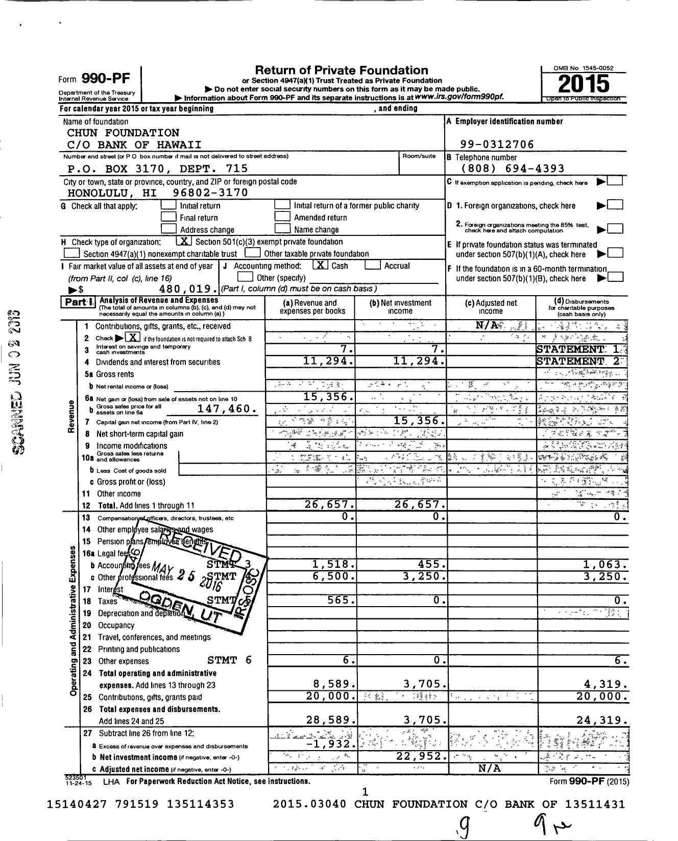 Image of first page of 2015 Form 990PF for Chun Foundation in Memory of Say Chong Chun Chew Hoong Lum Chun and Bowman Chun