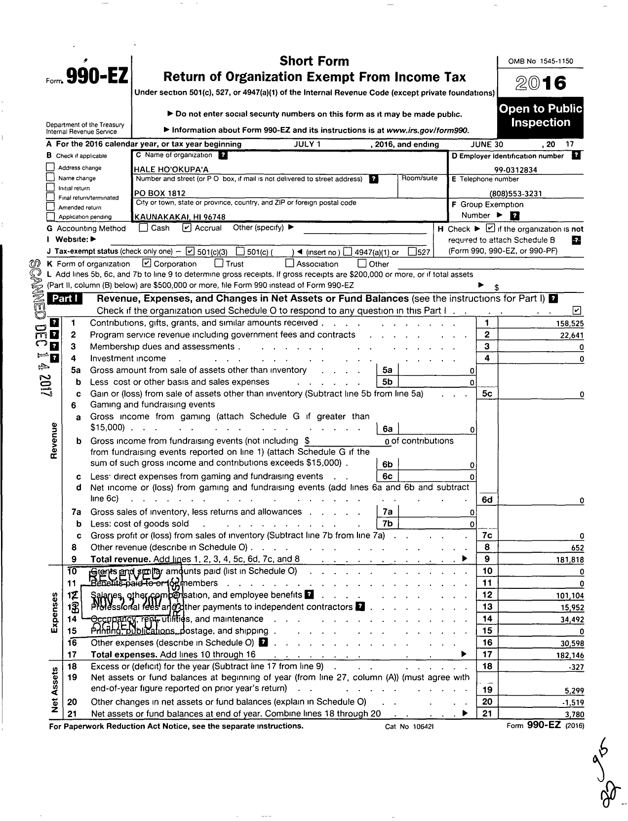 Image of first page of 2016 Form 990EZ for Hale Ho'okupa'a