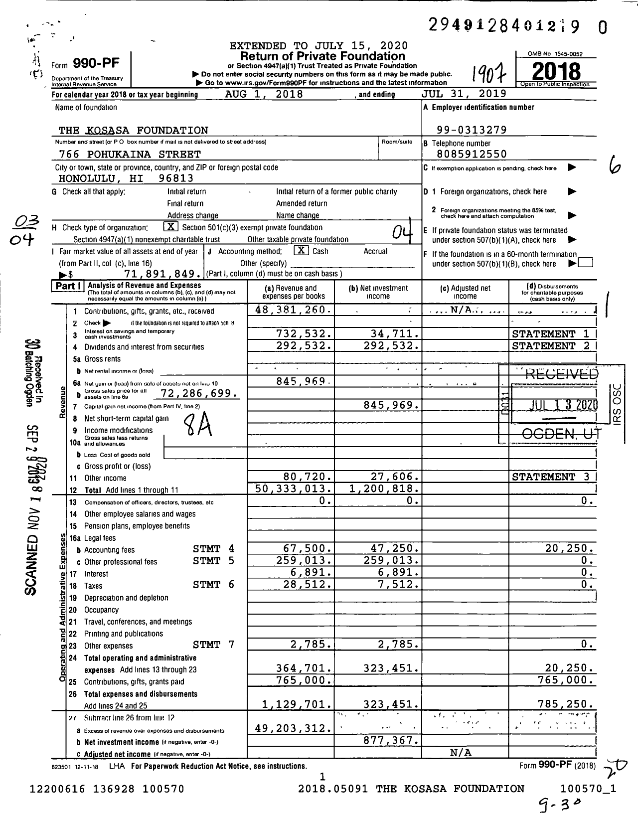 Image of first page of 2018 Form 990PF for The Kosasa Foundation