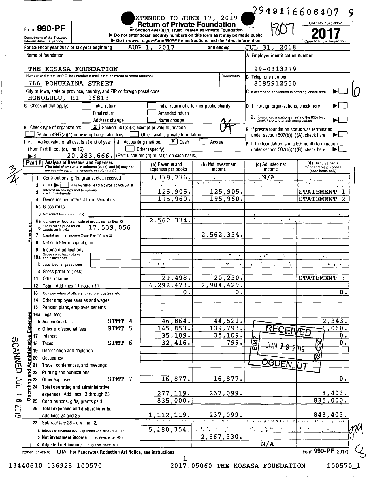 Image of first page of 2017 Form 990PF for The Kosasa Foundation