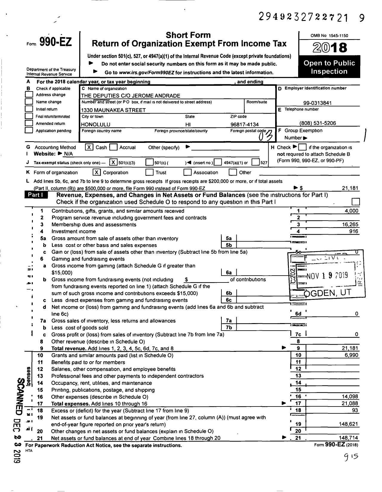 Image of first page of 2018 Form 990EZ for The Deputies