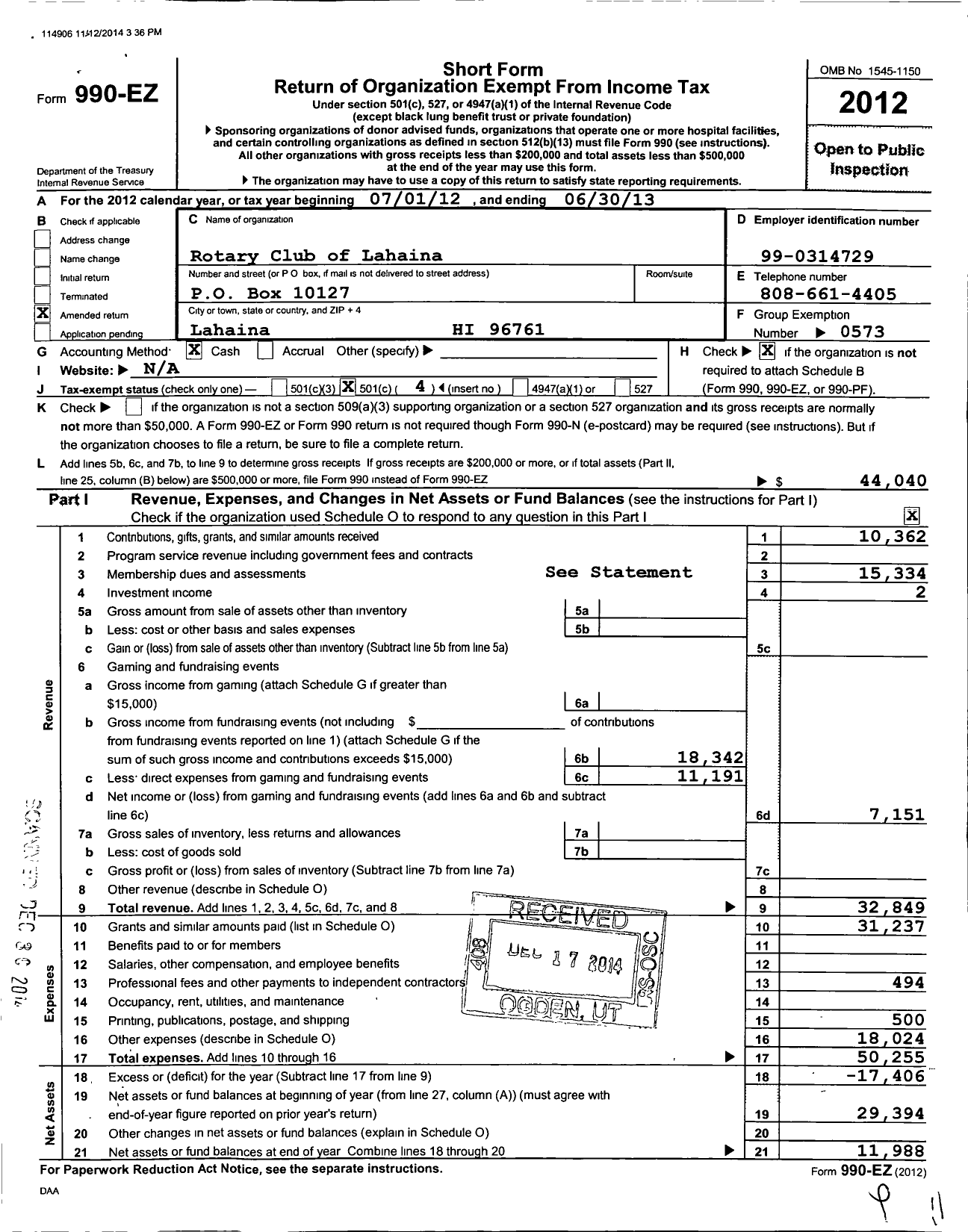 Image of first page of 2012 Form 990EO for Rotary International - Lahaina Rotary Club