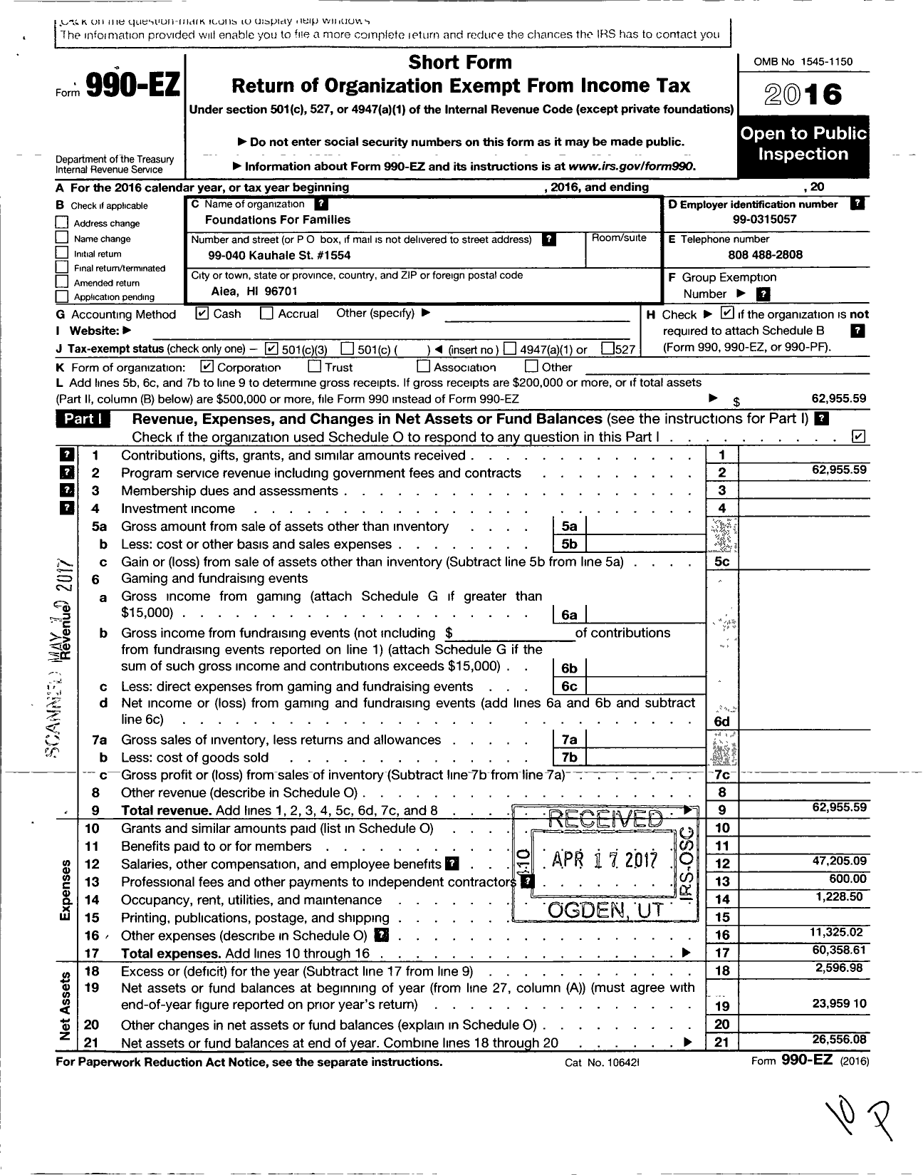 Image of first page of 2016 Form 990EZ for Foundations for Families / Early Morning Care