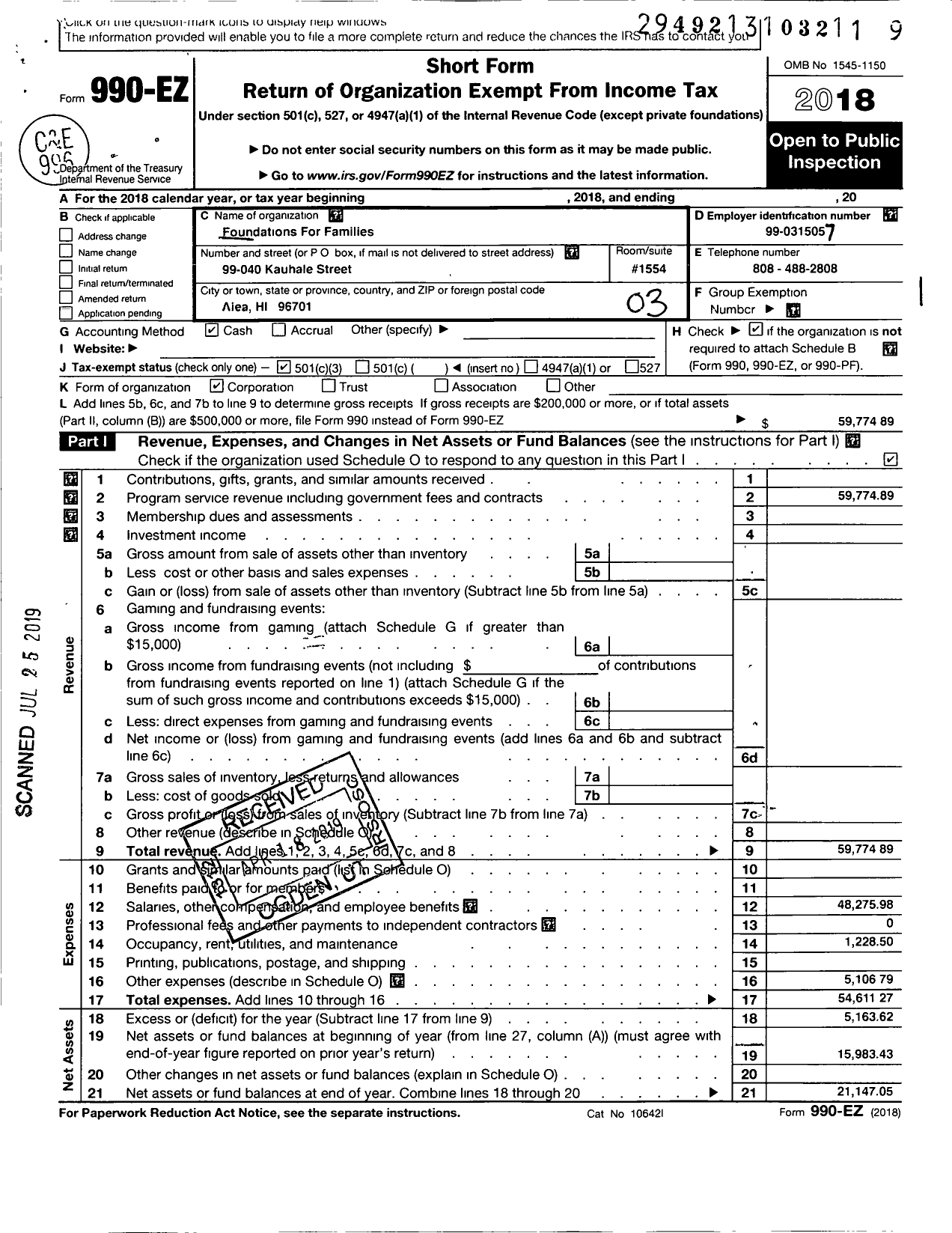 Image of first page of 2018 Form 990EZ for Foundations for Families / Early Morning Care