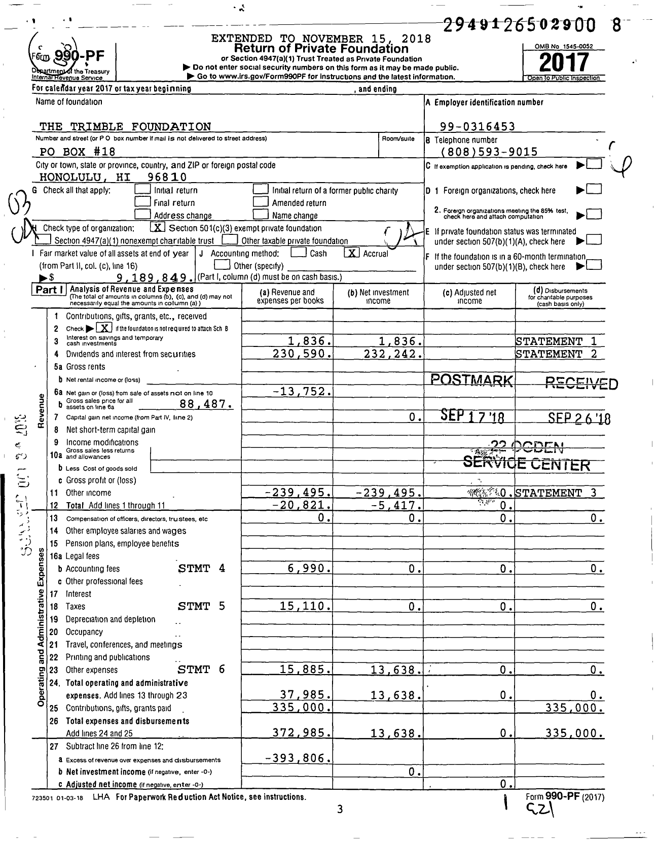 Image of first page of 2017 Form 990PF for The Trimble Foundation