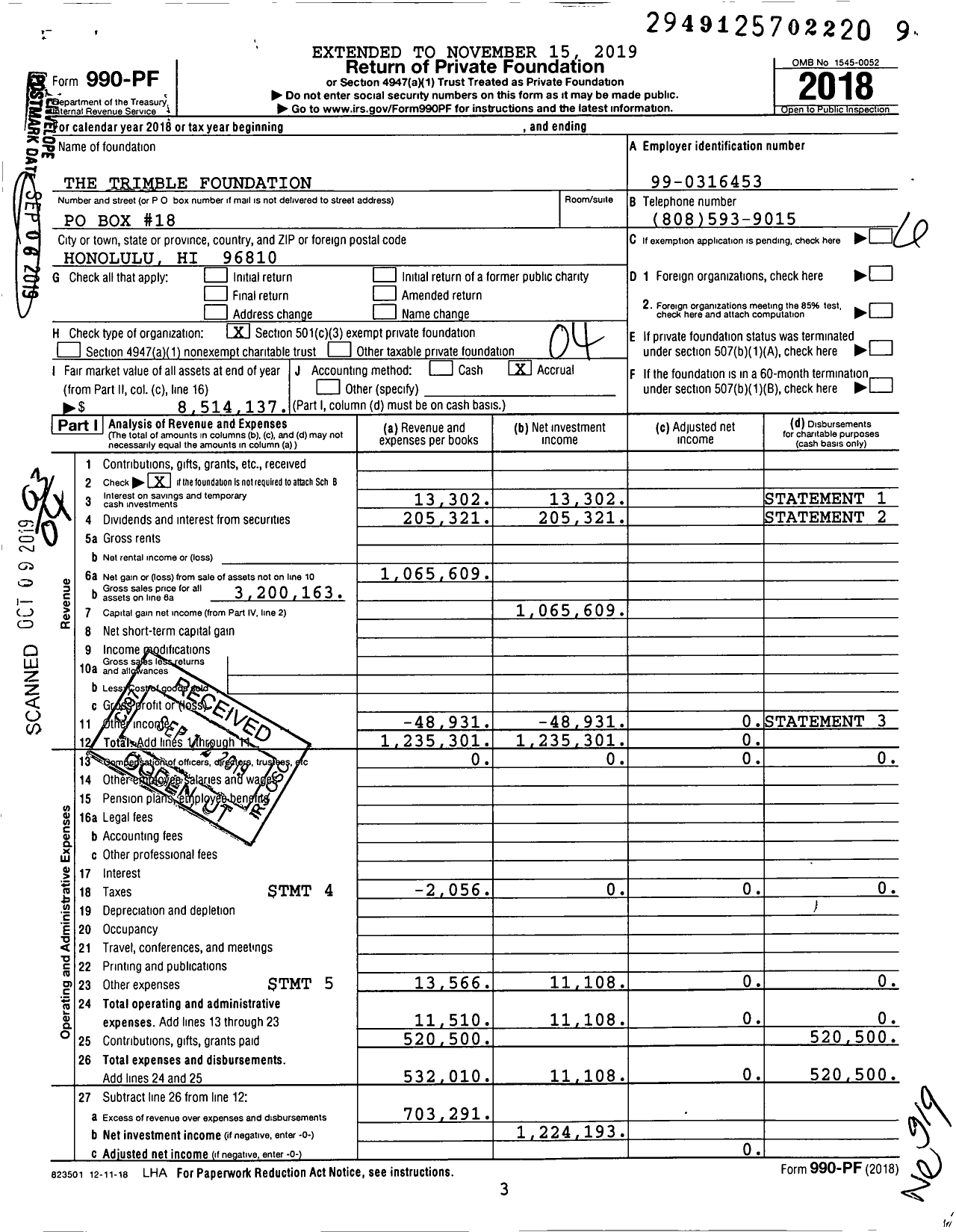 Image of first page of 2018 Form 990PF for The Trimble Foundation