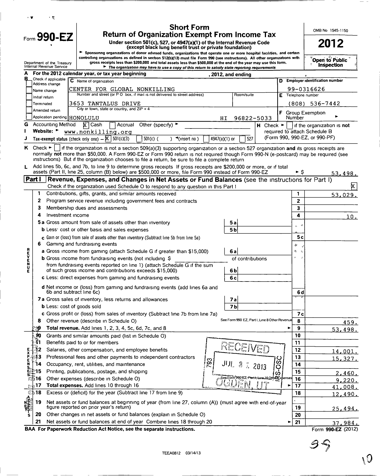 Image of first page of 2012 Form 990EZ for CENTER for GLOBAL NONKILLING