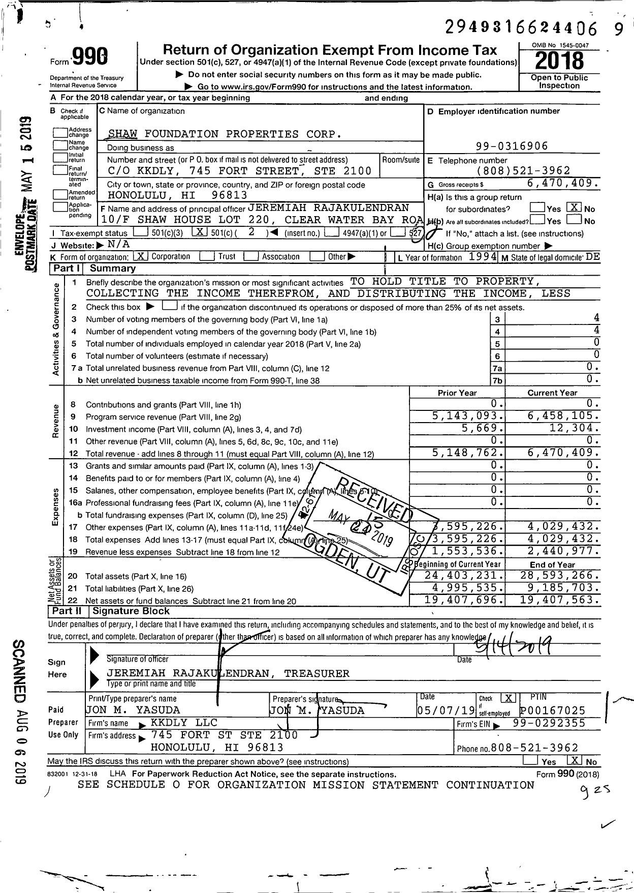 Image of first page of 2018 Form 990O for Shaw Foundation Properties Corporation