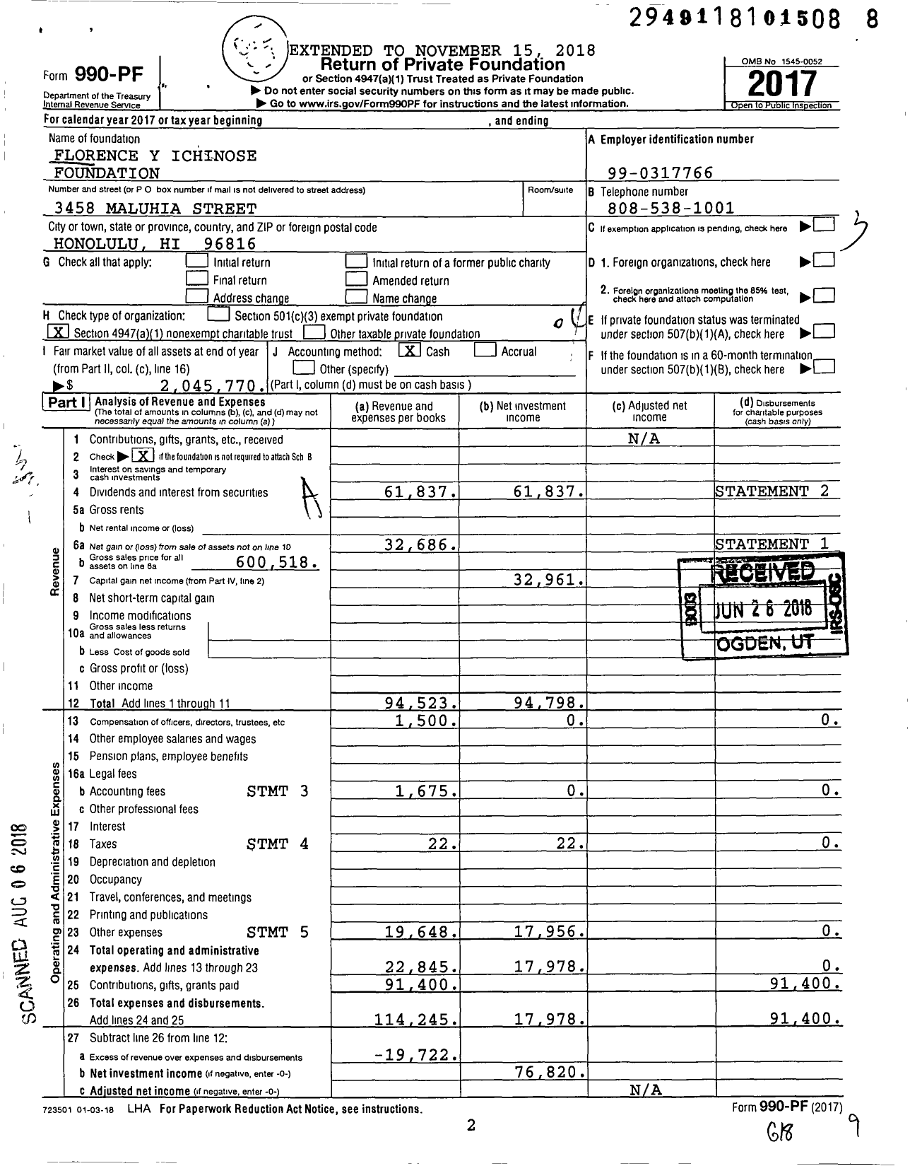 Image of first page of 2017 Form 990PF for Florence Y Ichinose Foundation