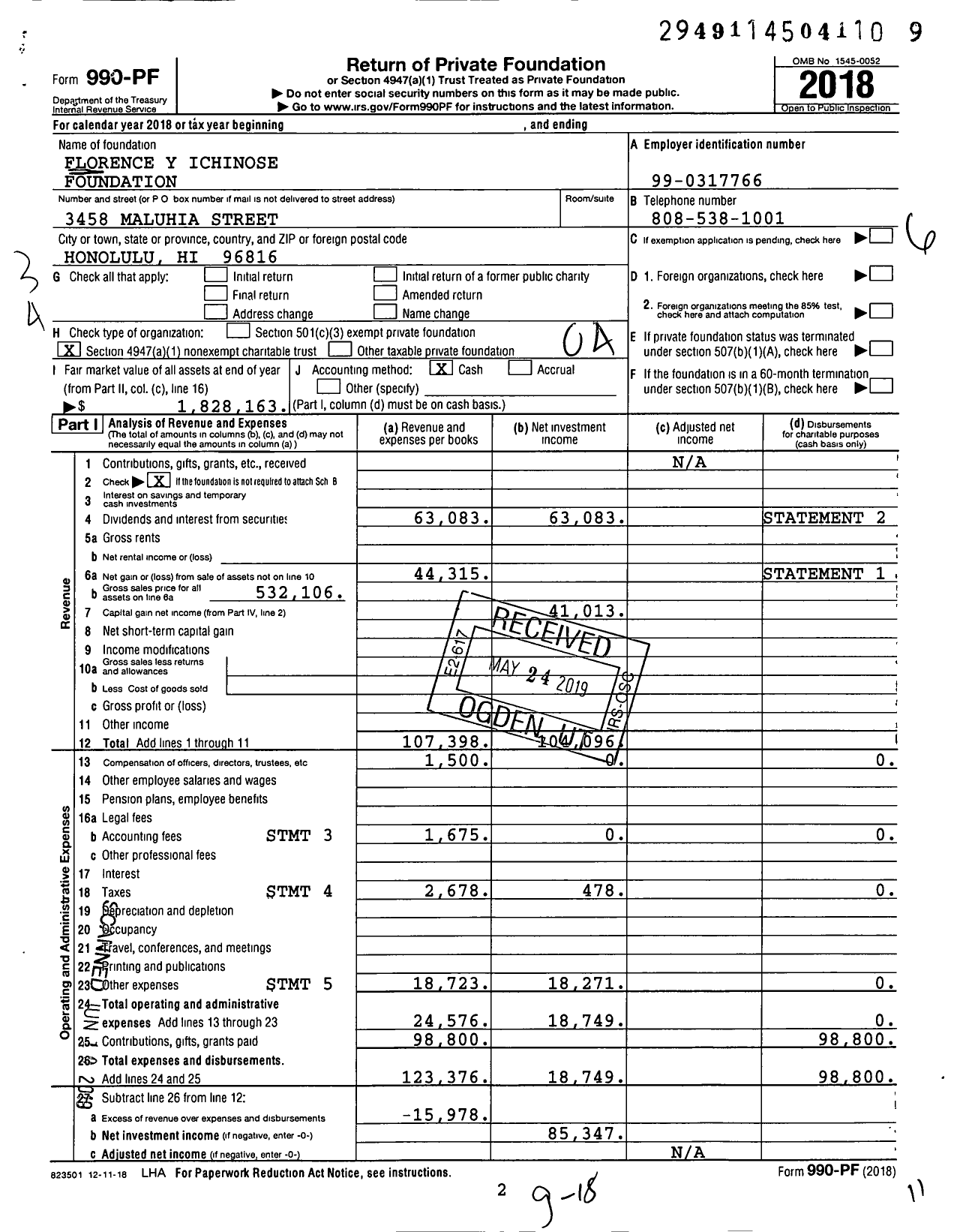 Image of first page of 2018 Form 990PF for Florence Y Ichinose Foundation