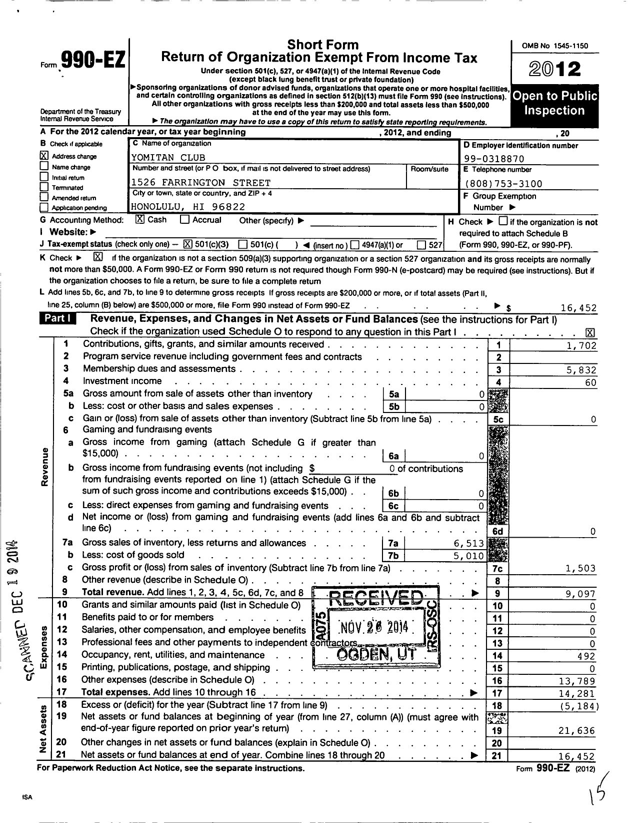 Image of first page of 2012 Form 990EZ for Hawaii United Okinawan Association / Yomitan Club