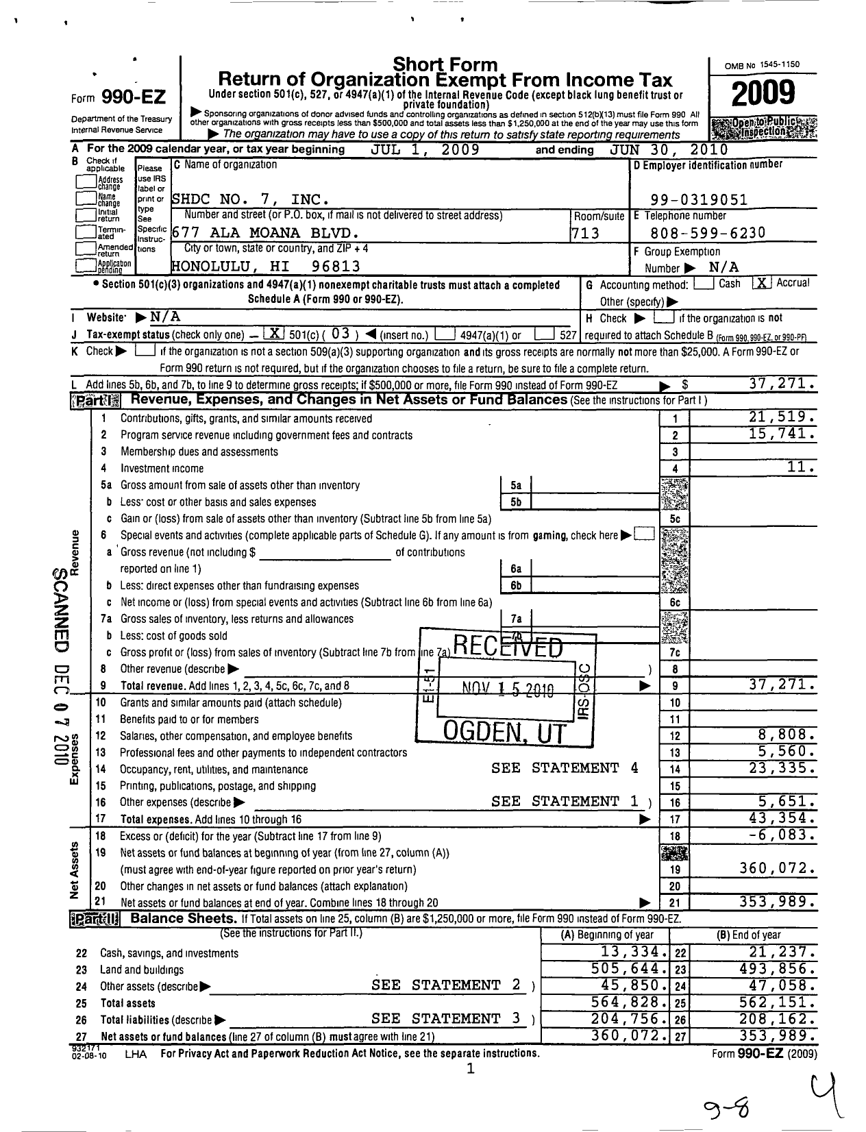 Image of first page of 2009 Form 990EZ for SHDC No 7