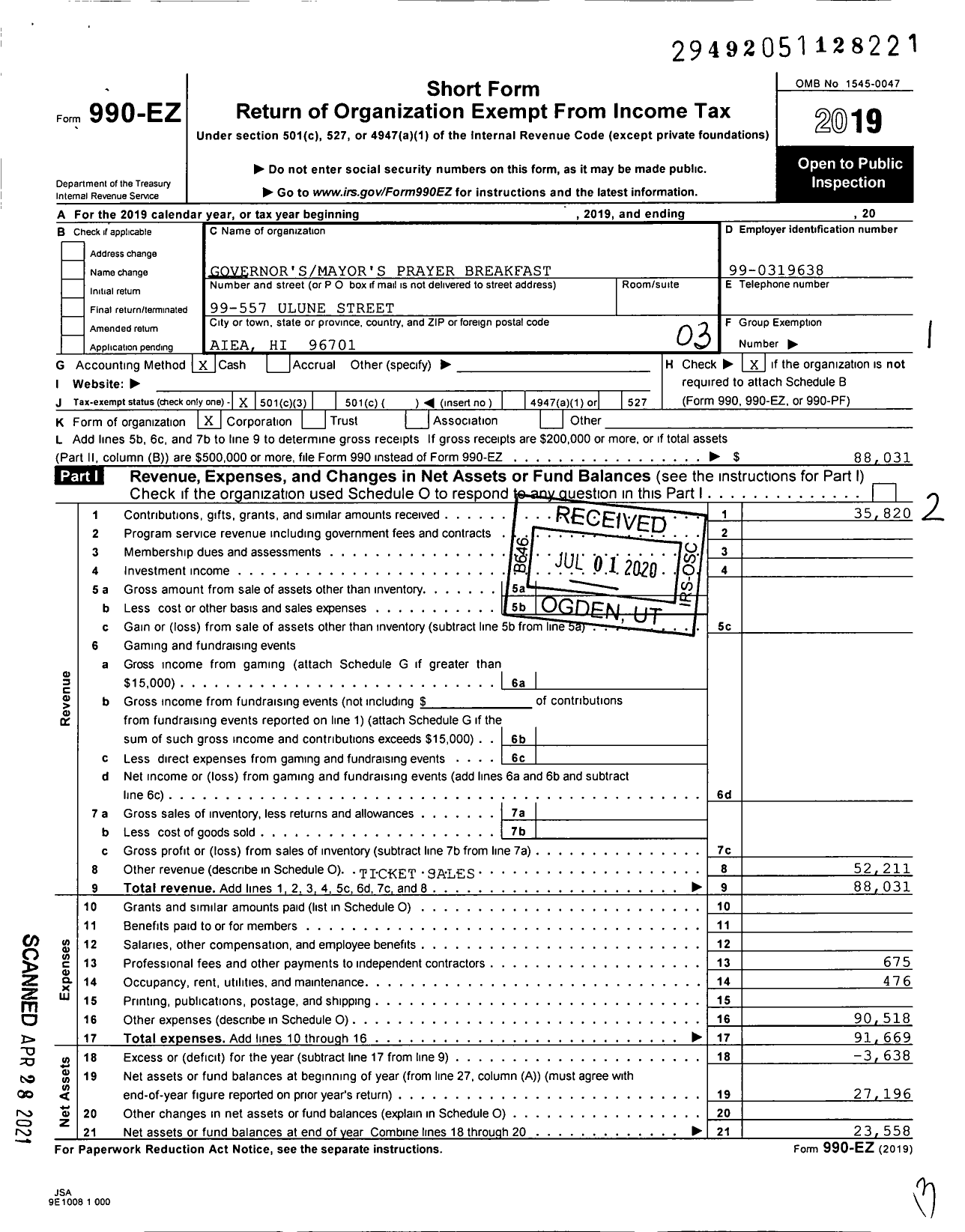 Image of first page of 2019 Form 990EZ for Governor'smayor's Prayer Breakfast