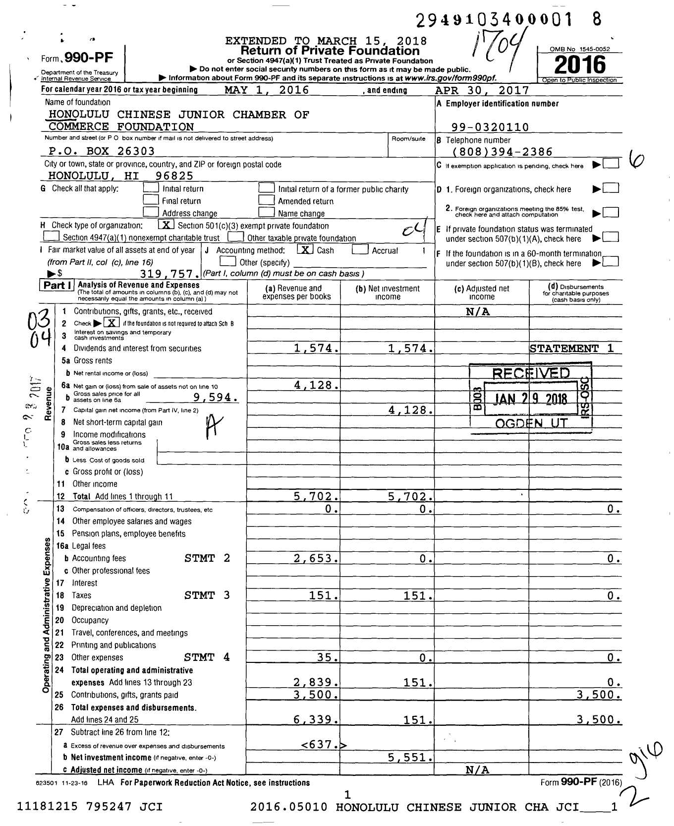 Image of first page of 2016 Form 990PF for Honolulu Chinese Junior Chamber of Commerce Foundation