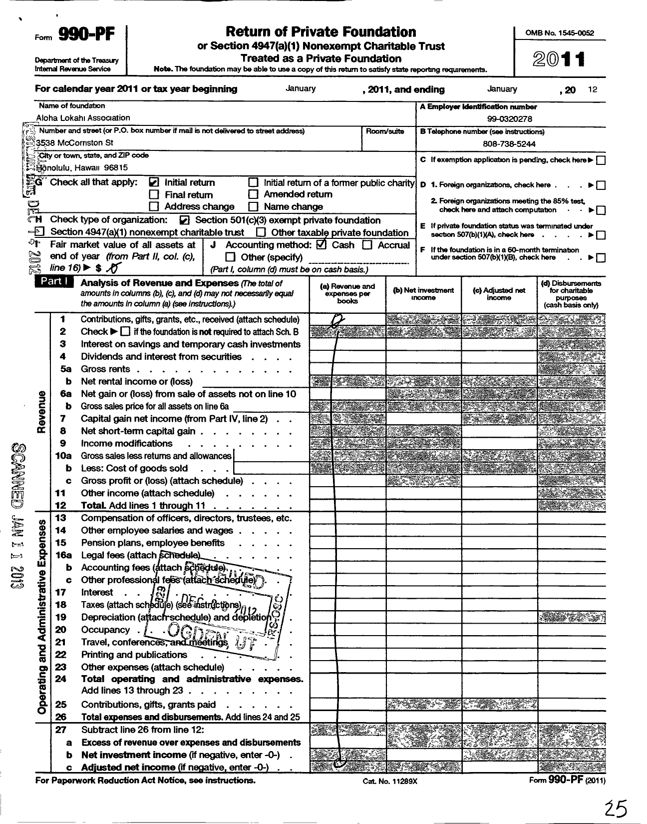 Image of first page of 2011 Form 990PF for Aloha Lokahi Association