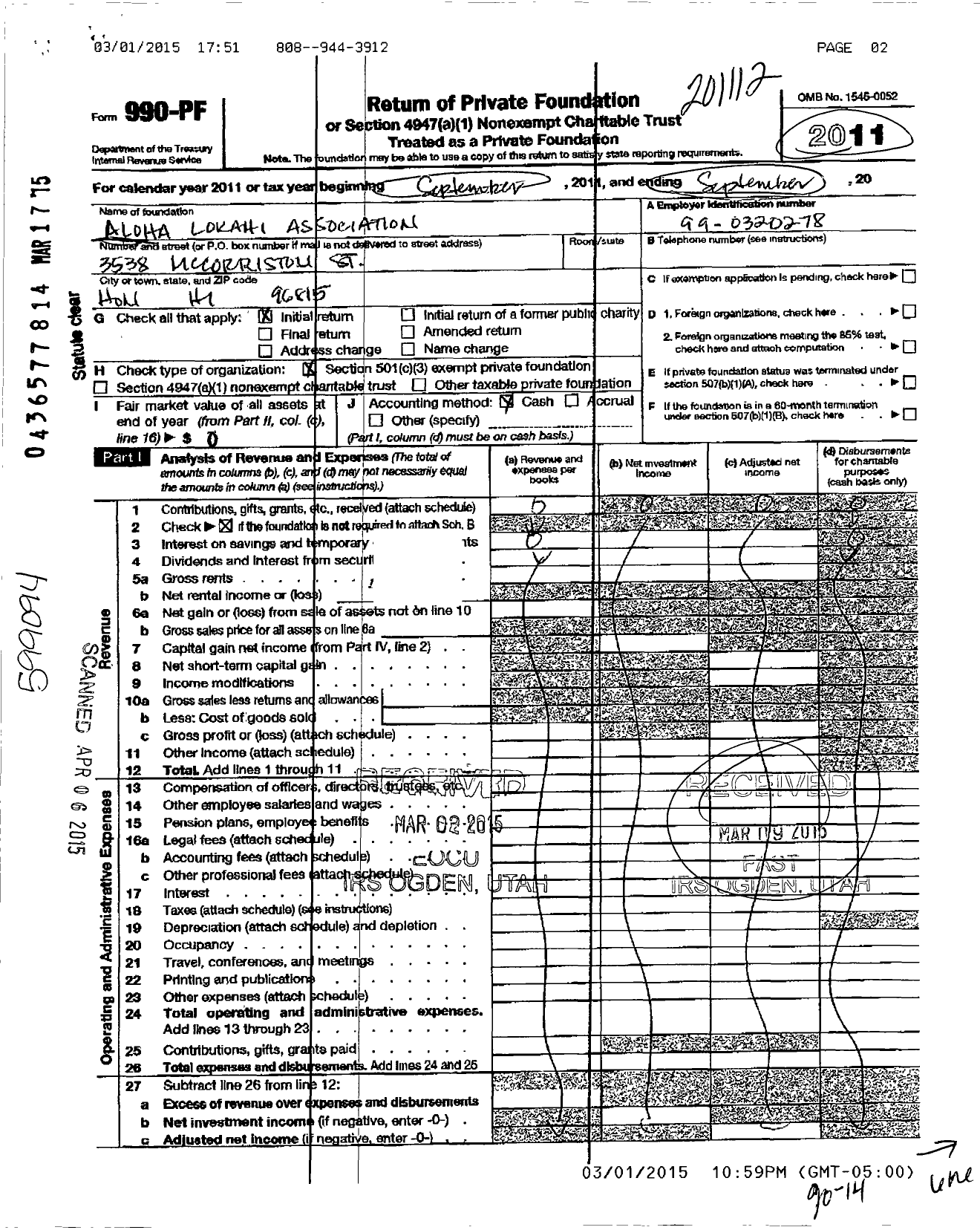 Image of first page of 2011 Form 990PF for Aloha Lokahi Association