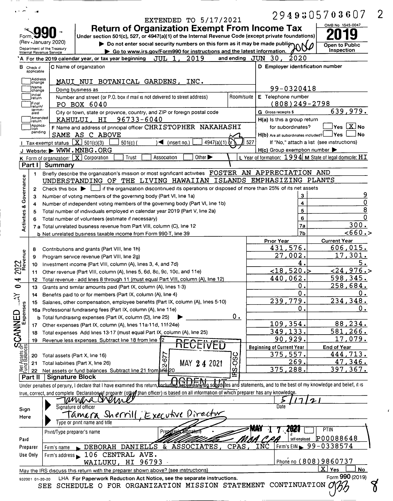 Image of first page of 2019 Form 990 for Maui Nui Botanical Gardens