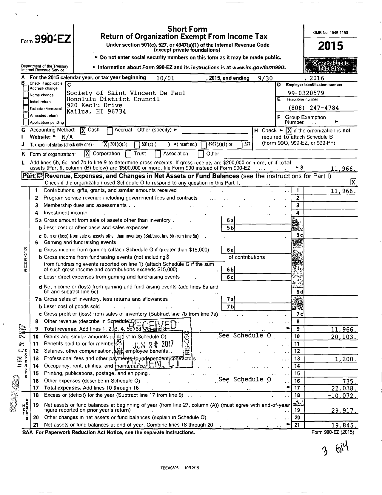 Image of first page of 2015 Form 990EZ for Society of Saint Vincent De Paul Windward Oahu