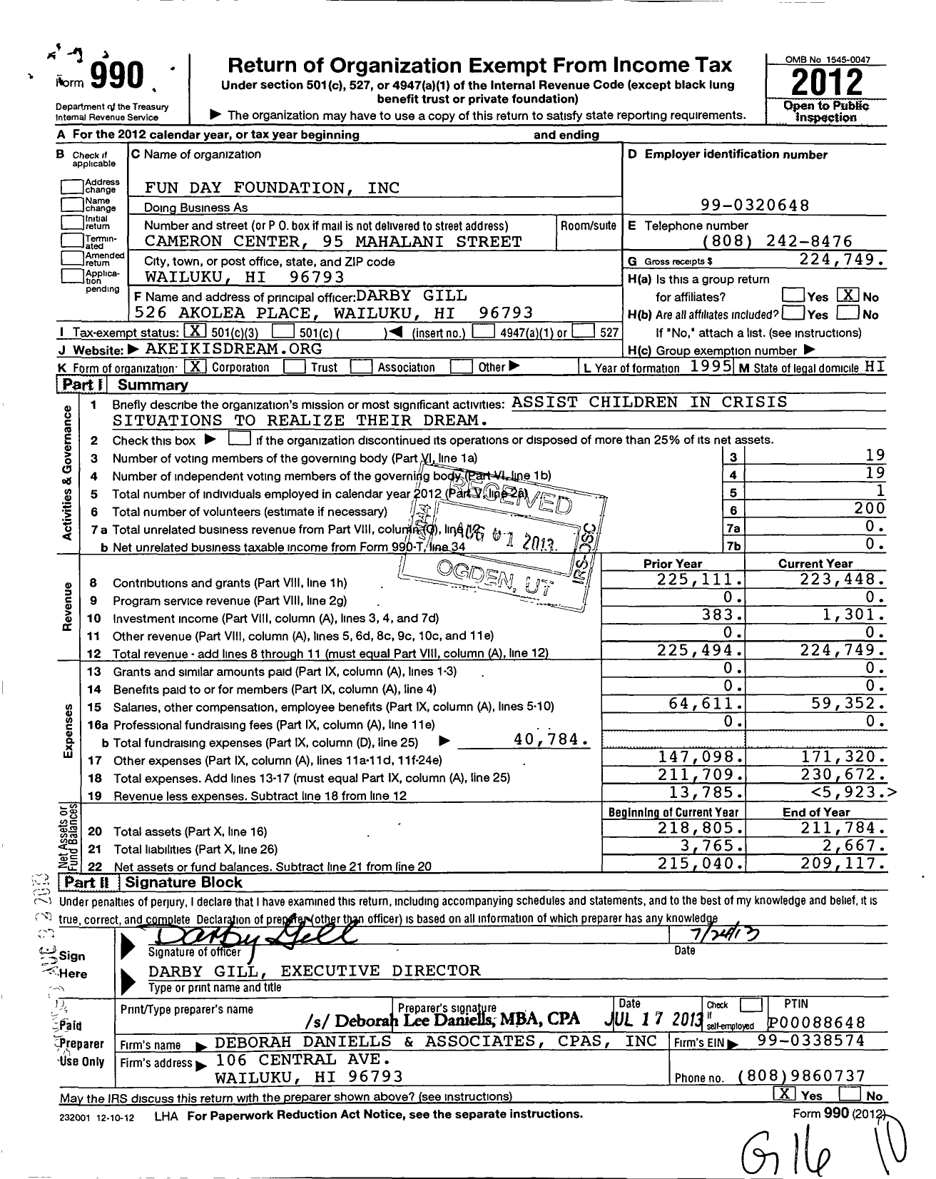 Image of first page of 2012 Form 990 for Fun Day Foundation