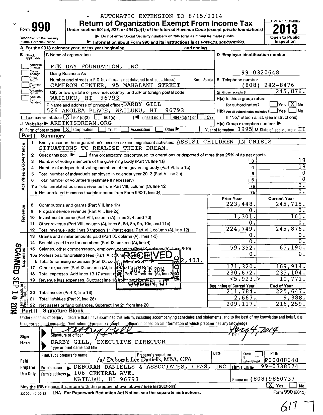 Image of first page of 2013 Form 990 for Fun Day Foundation