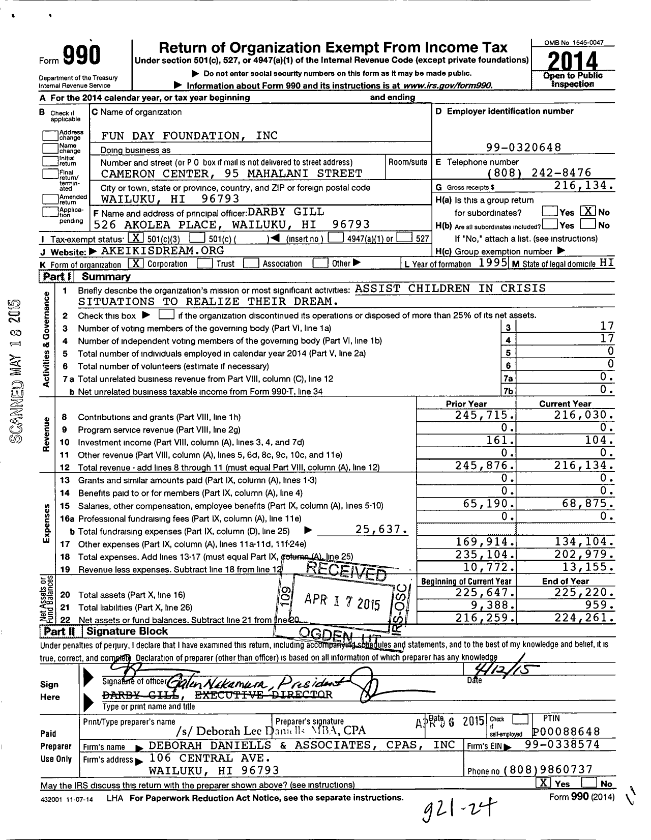 Image of first page of 2014 Form 990 for Fun Day Foundation