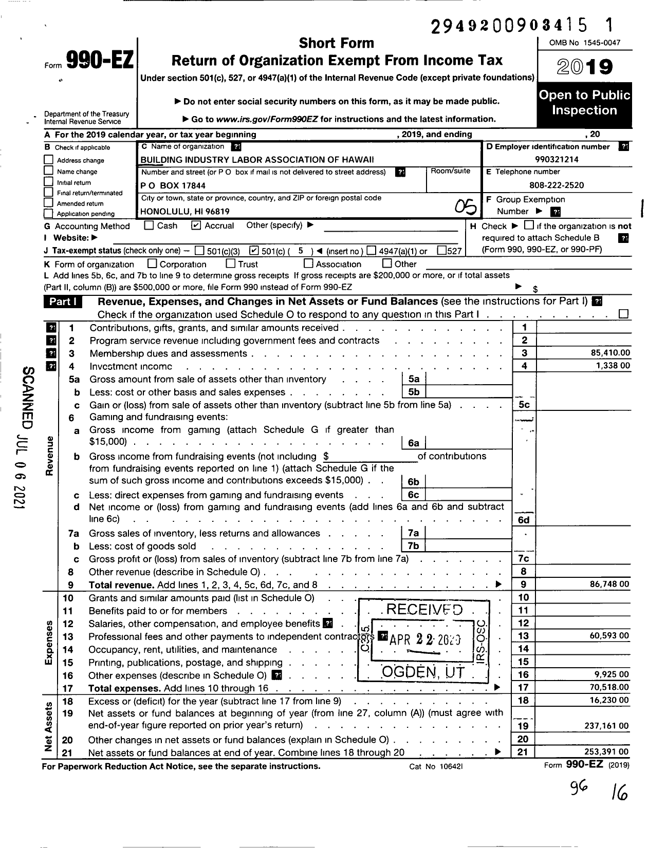 Image of first page of 2019 Form 990EO for Building Industry Labor Association of Hawaii