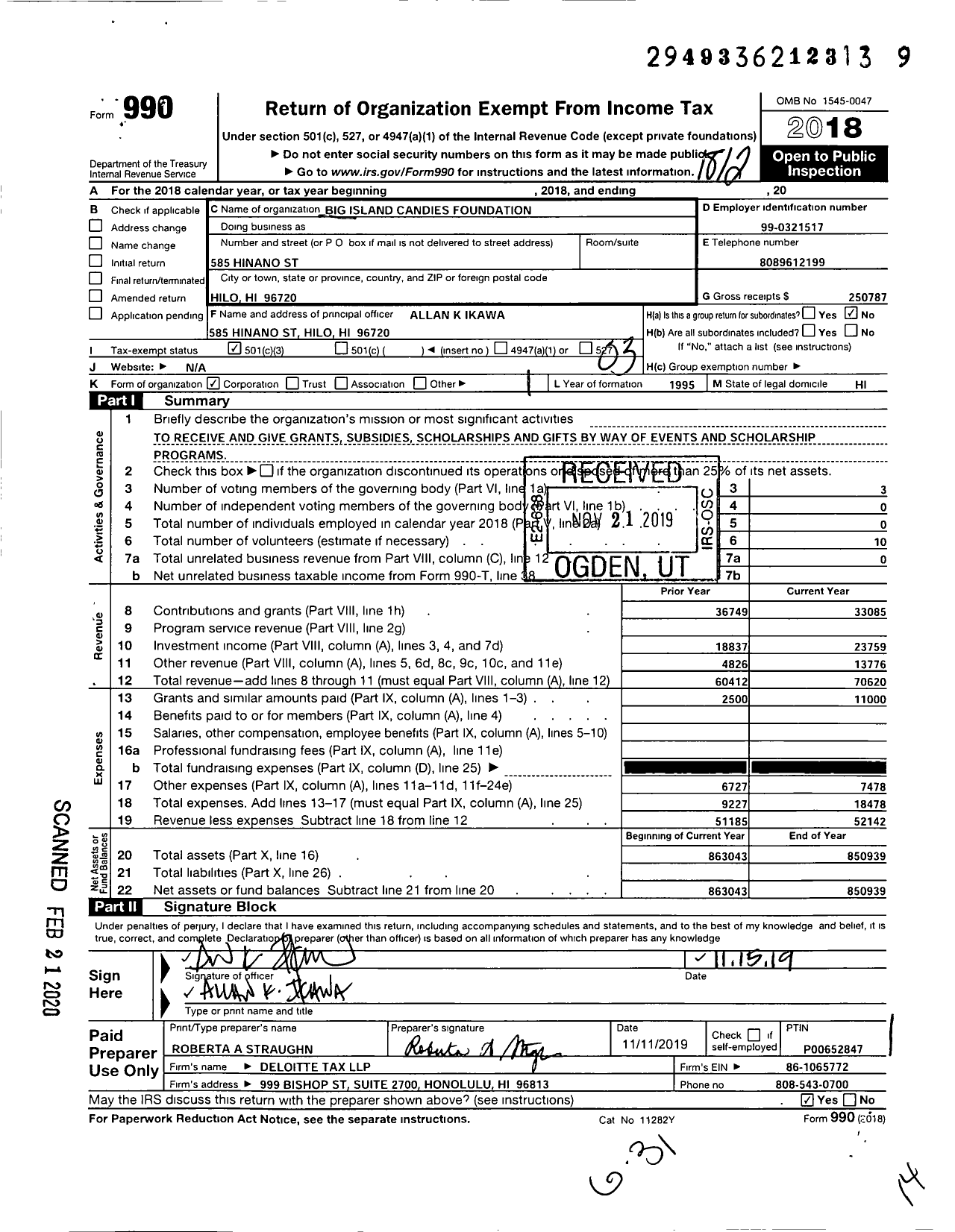 Image of first page of 2018 Form 990 for Big Island Candies Foundation