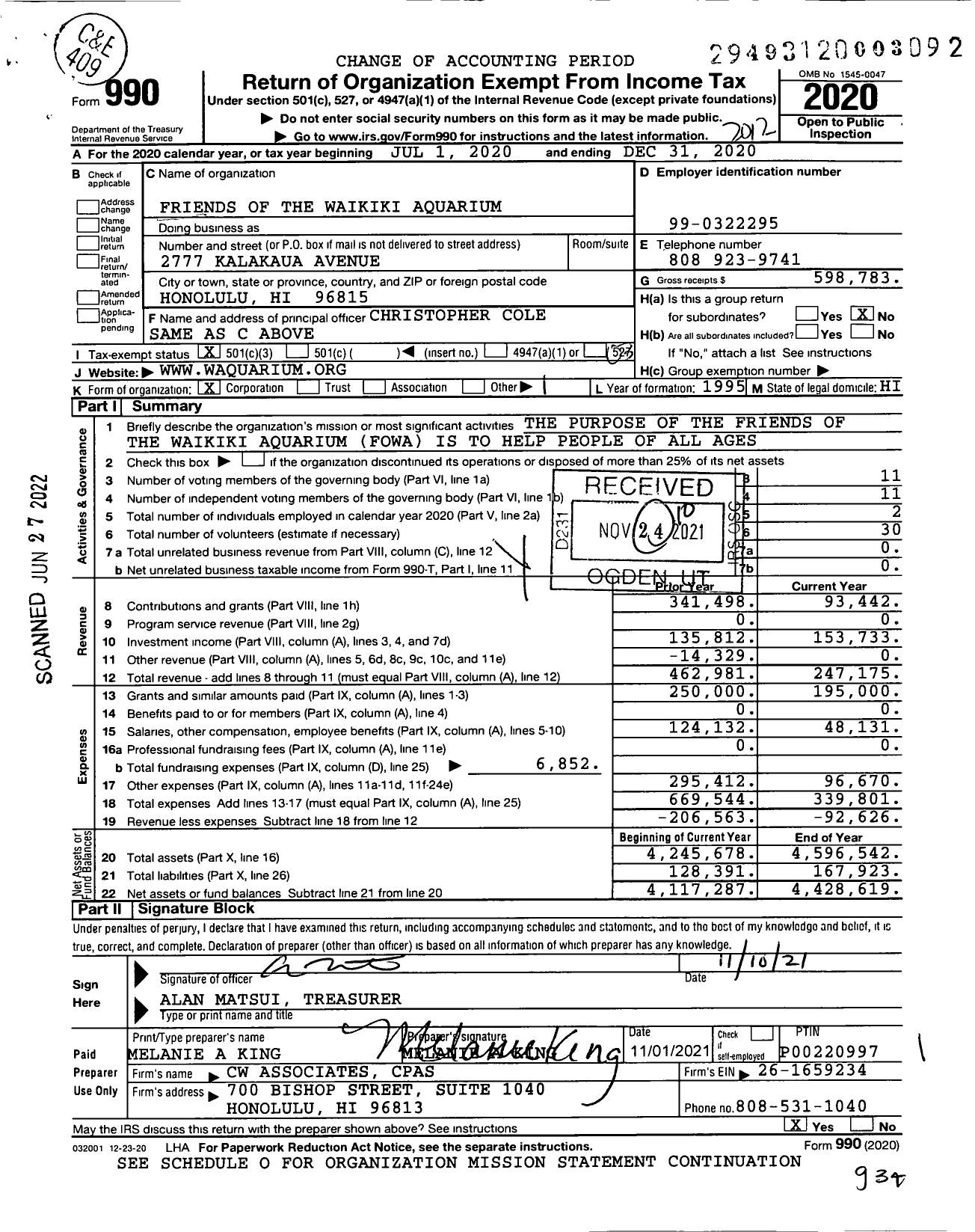 Image of first page of 2020 Form 990 for Friends of the Waikiki Aquarium