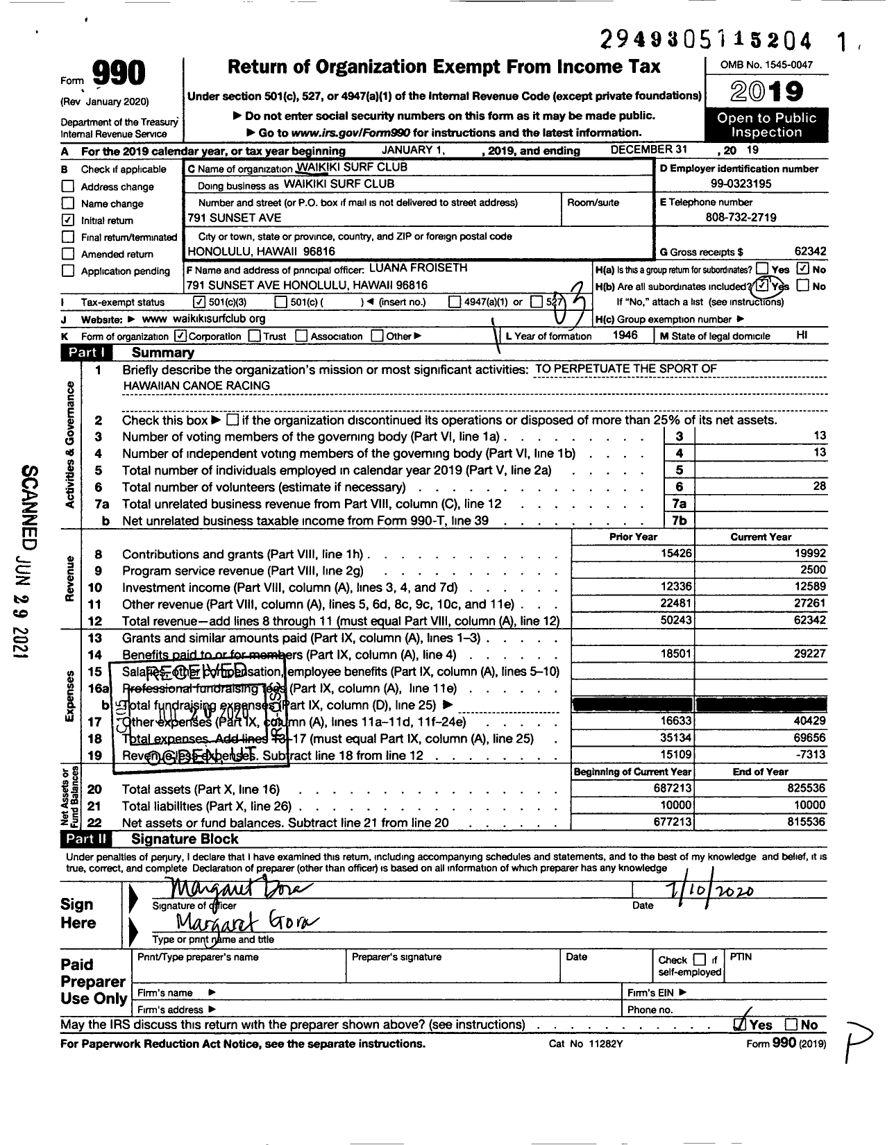 Image of first page of 2019 Form 990 for Waikiki Surf Club