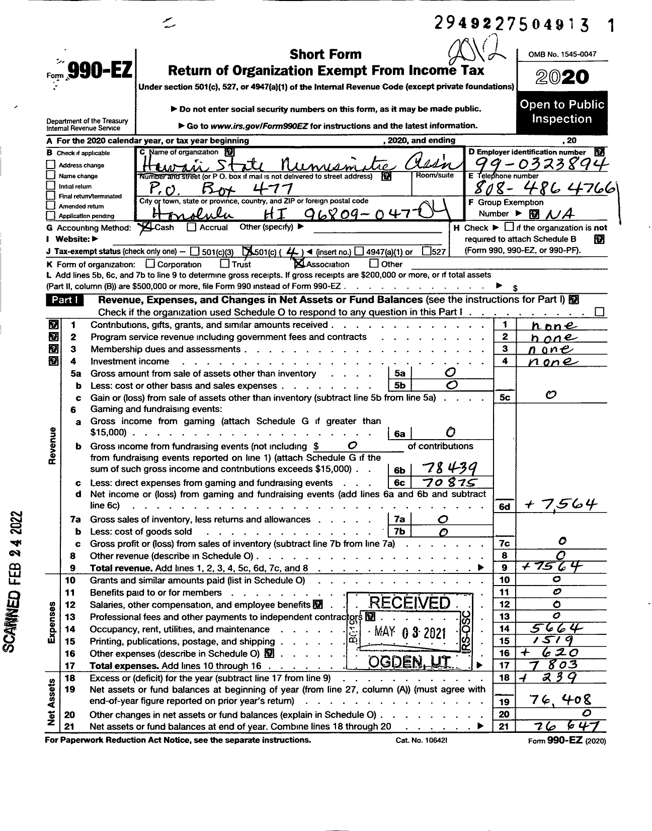 Image of first page of 2020 Form 990EO for Hawaii State Numismatic Association