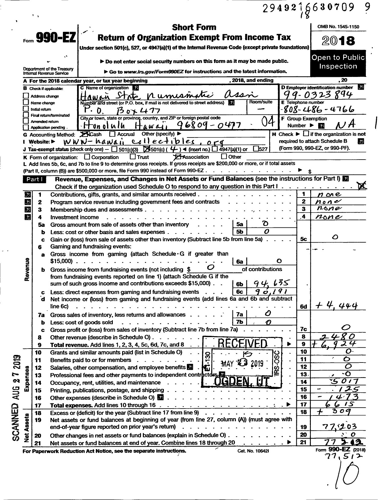 Image of first page of 2018 Form 990EO for Hawaii State Numismatic Association