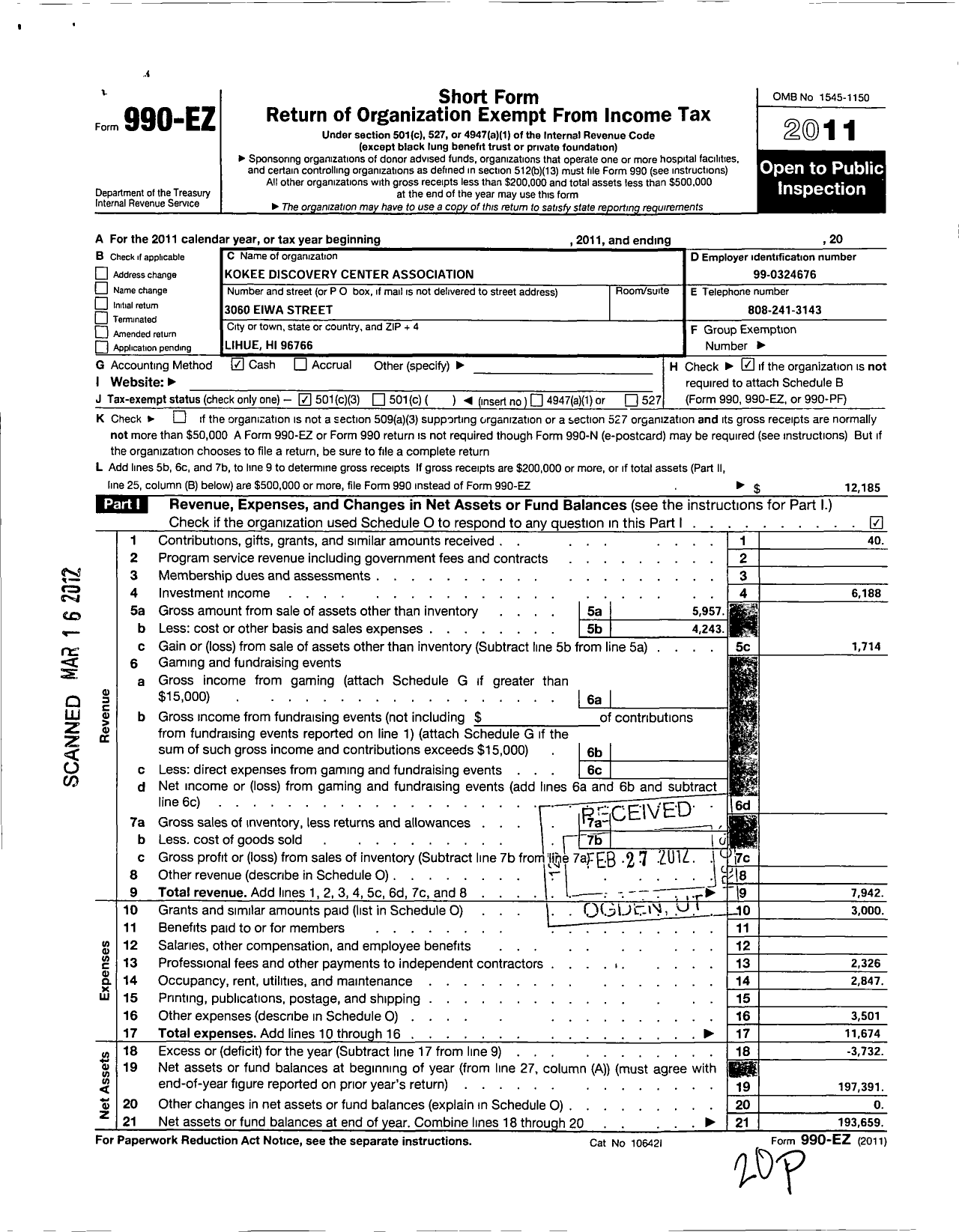 Image of first page of 2011 Form 990EZ for Kokee Discovery Center