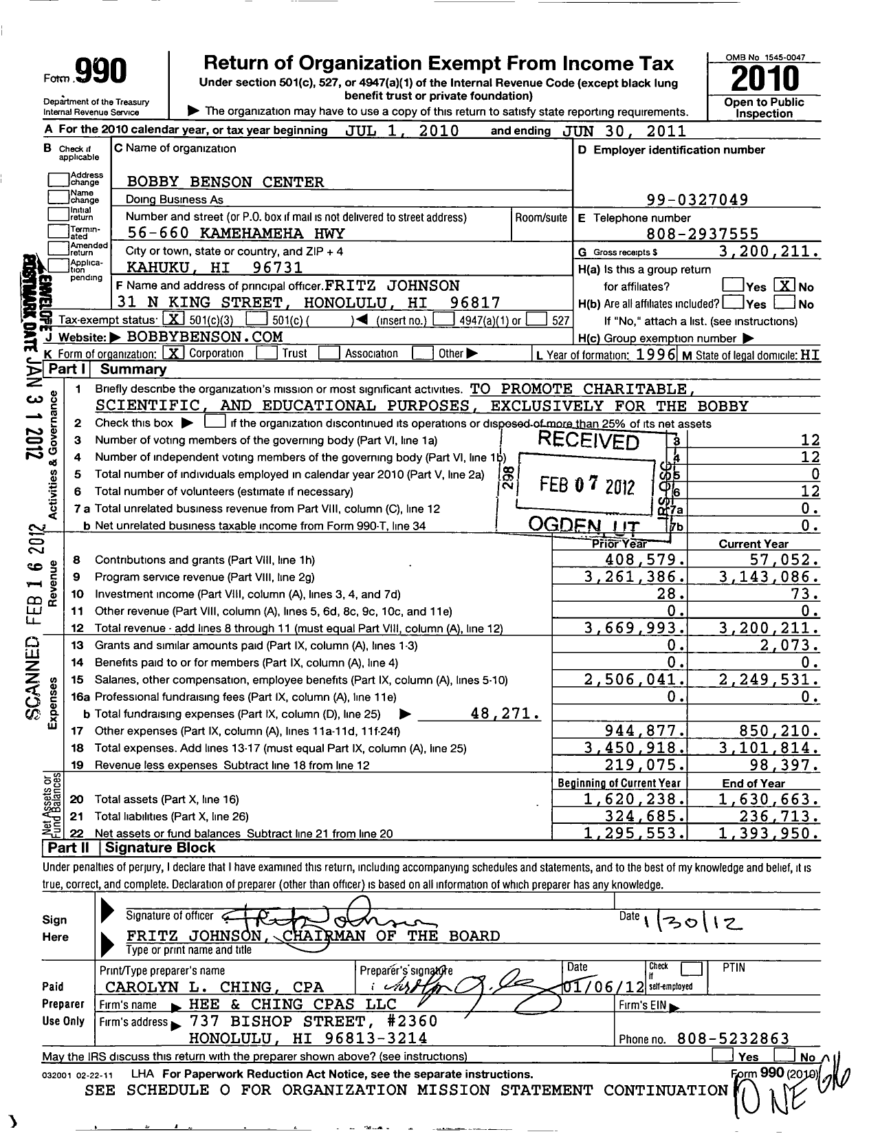 Image of first page of 2010 Form 990 for Bobby Benson Center (BBC)