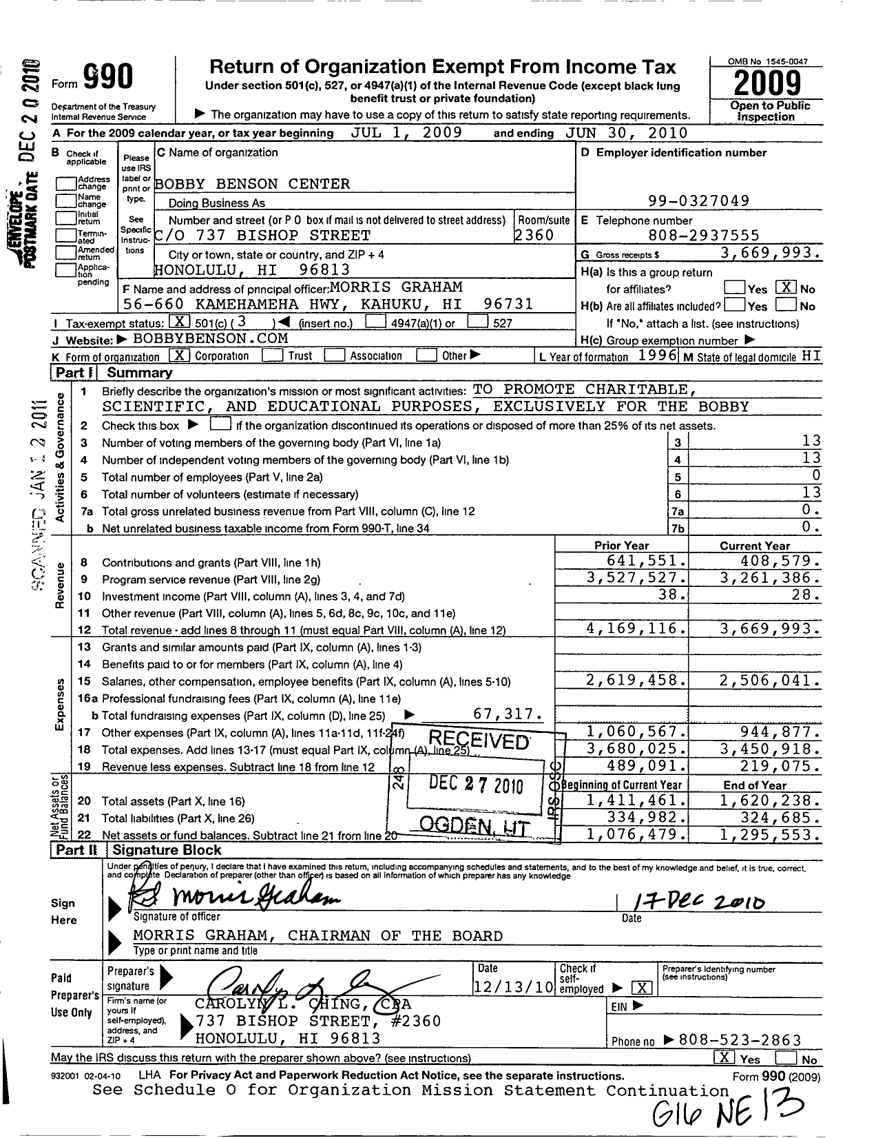 Image of first page of 2009 Form 990 for Bobby Benson Center (BBC)