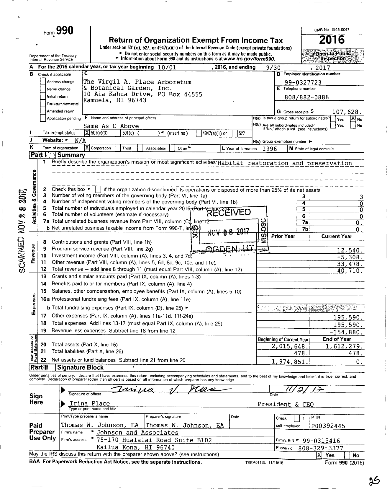 Image of first page of 2016 Form 990 for The Virgil A Place Arboretum and Botanical Garden