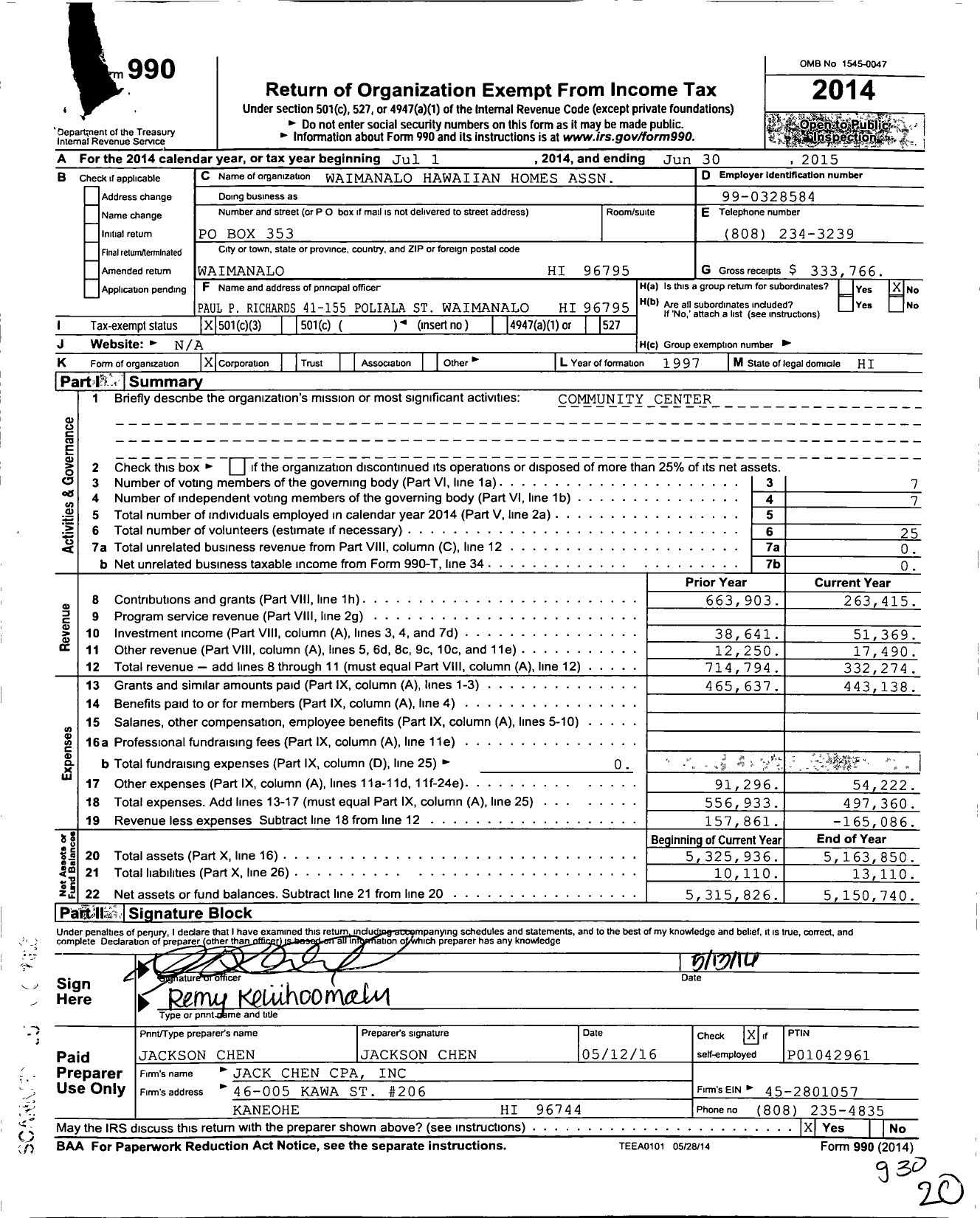 Image of first page of 2014 Form 990 for Waimanalo Hawaiian Homes Association