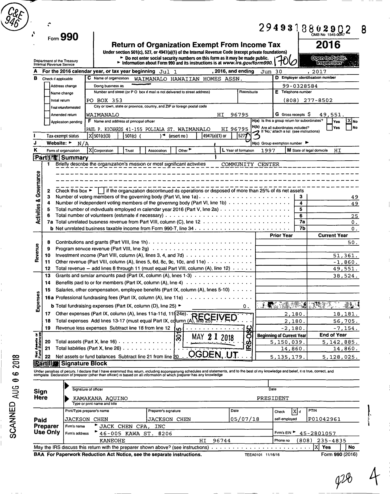 Image of first page of 2016 Form 990 for Waimanalo Hawaiian Homes Association