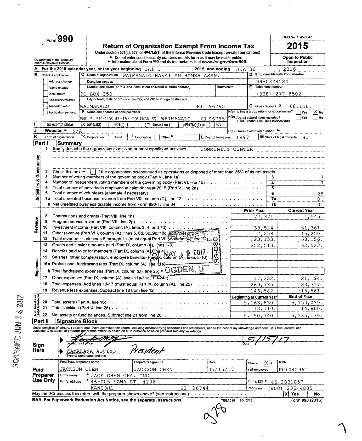 Image of first page of 2015 Form 990 for Waimanalo Hawaiian Homes Association