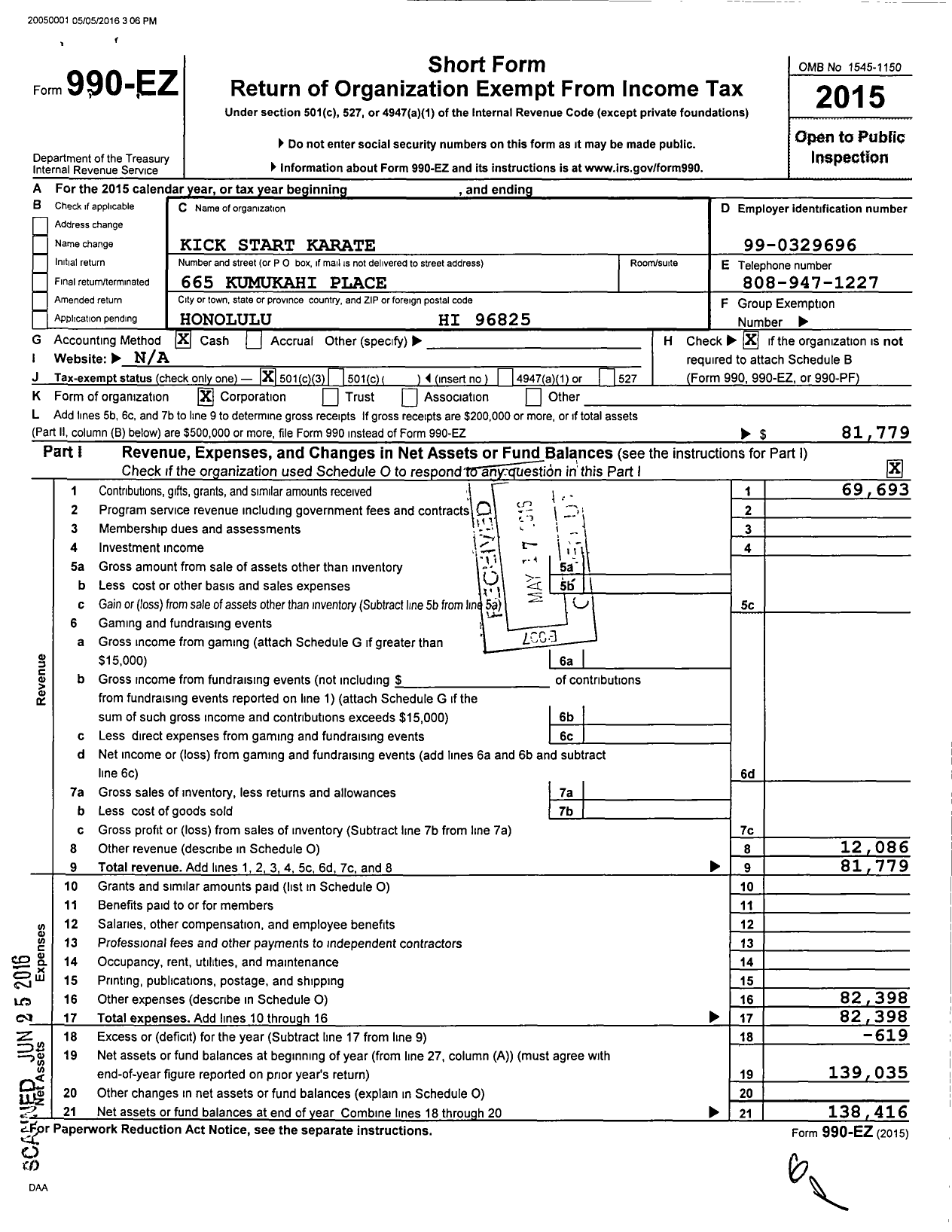 Image of first page of 2015 Form 990EZ for Kick Start Karate