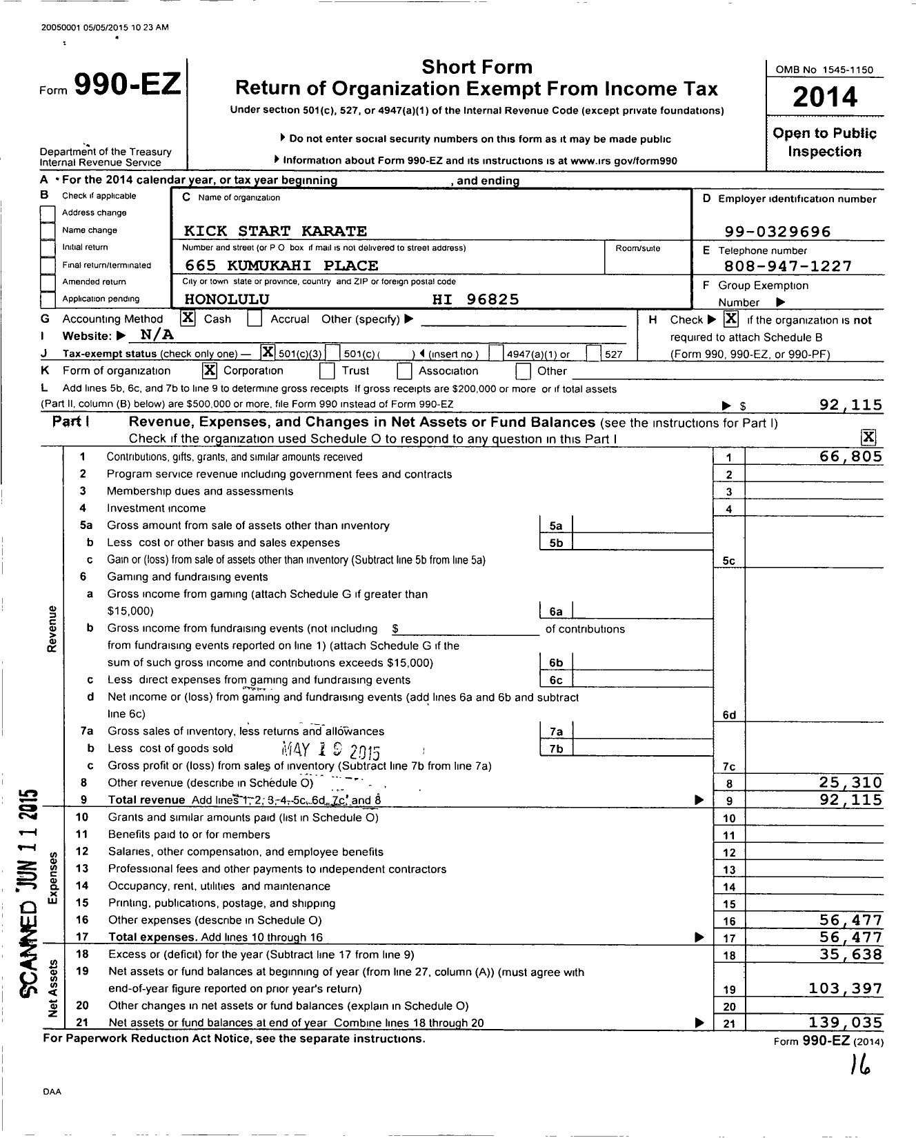 Image of first page of 2014 Form 990EZ for Kick Start Karate