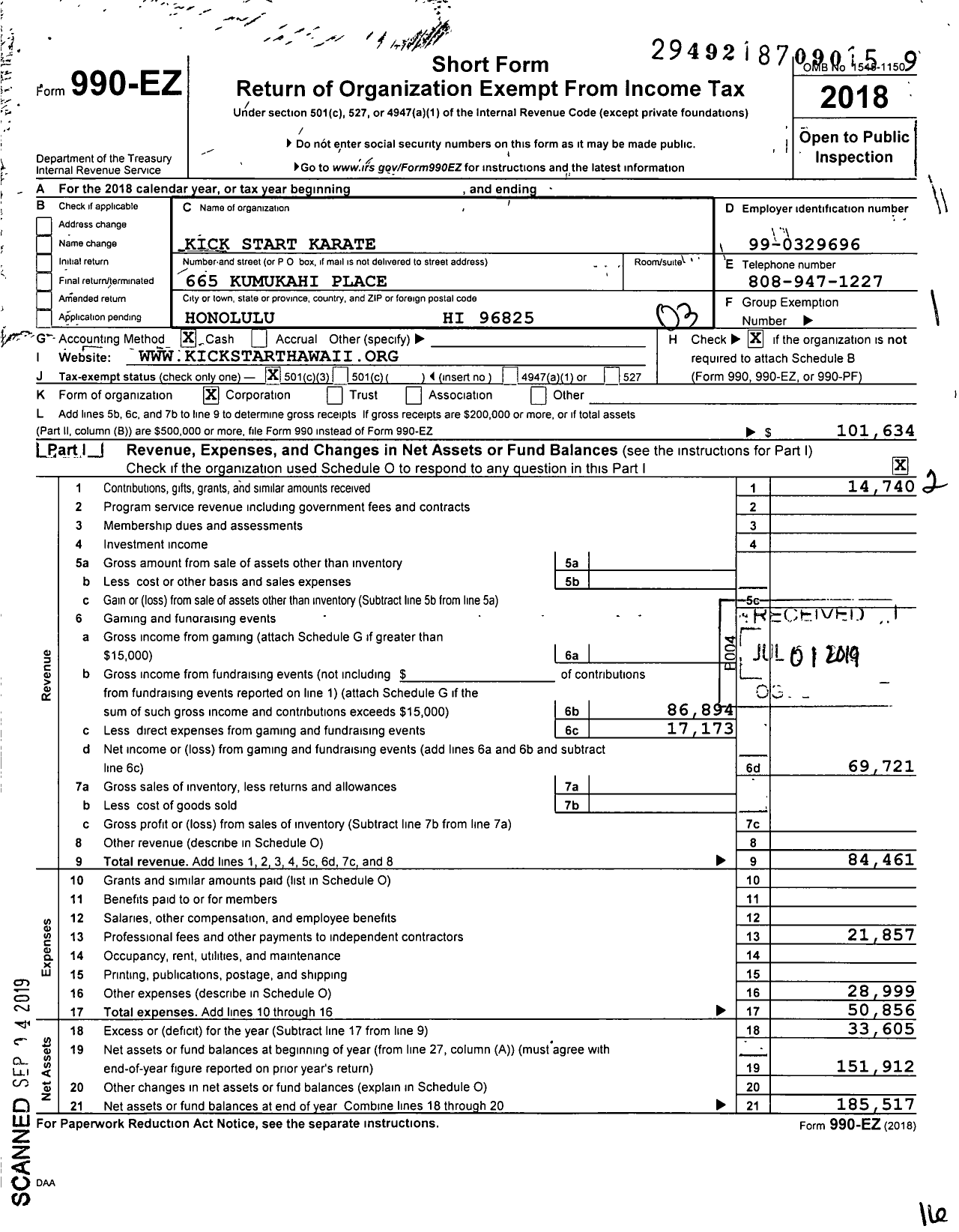 Image of first page of 2018 Form 990EZ for Kick Start Karate