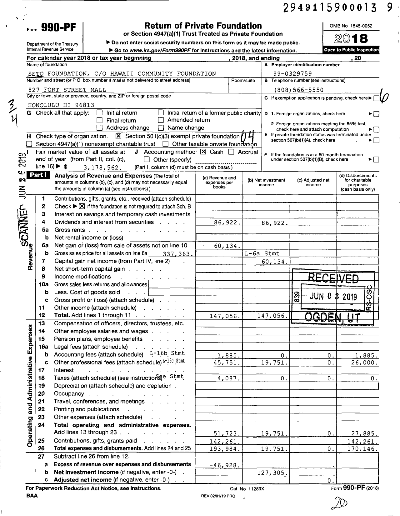 Image of first page of 2018 Form 990PF for Seto Foundation Hawaii Community Foundation