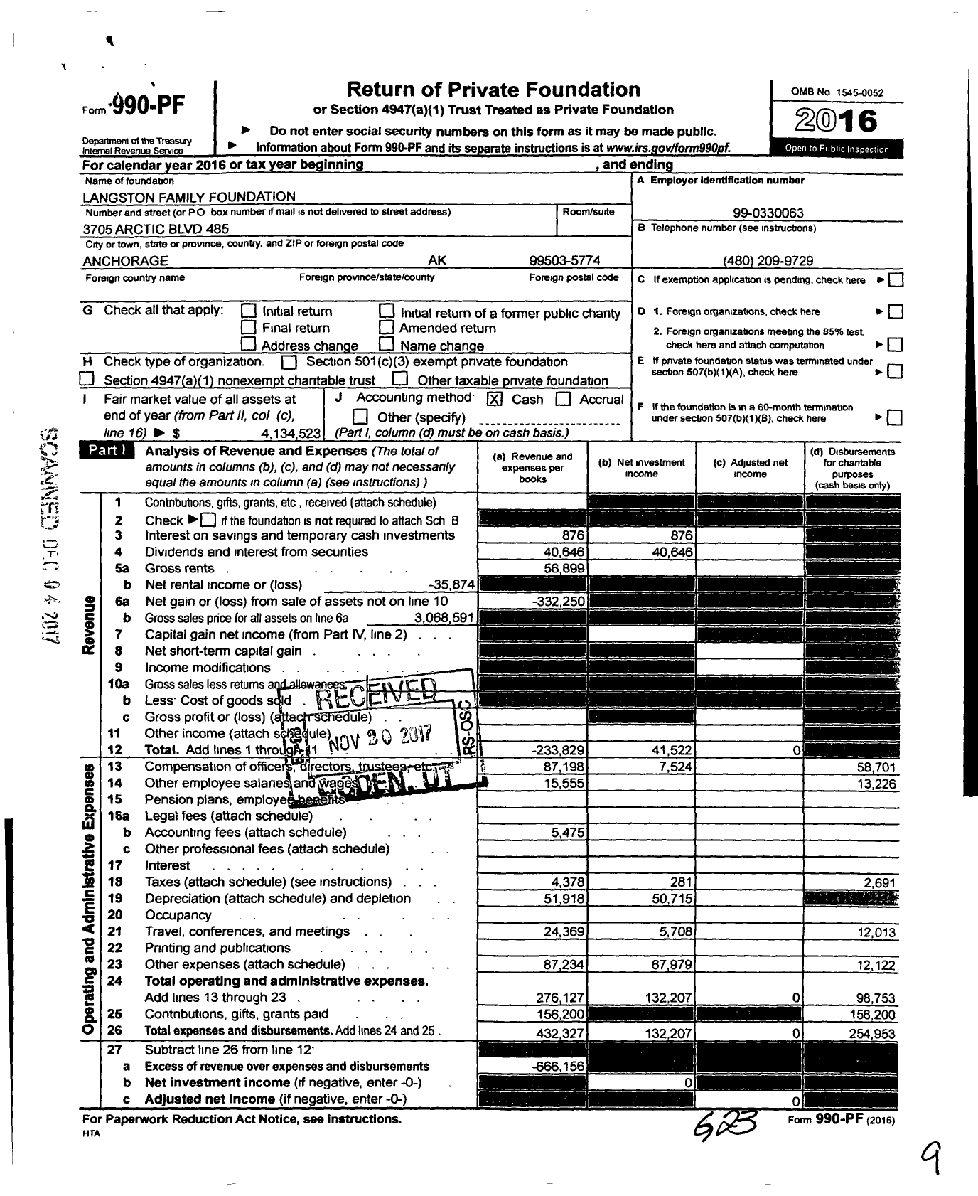 Image of first page of 2016 Form 990PF for Langston Family Foundation