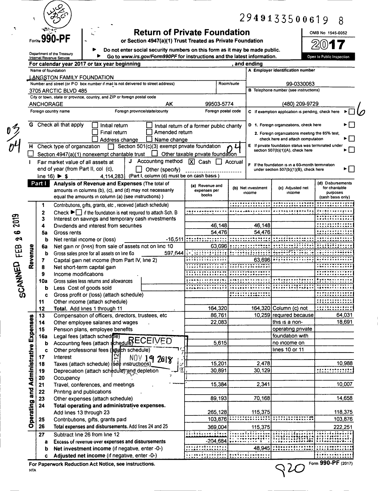 Image of first page of 2017 Form 990PF for Langston Family Foundation