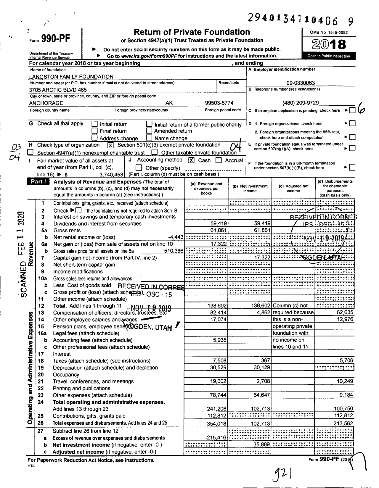 Image of first page of 2018 Form 990PF for Langston Family Foundation