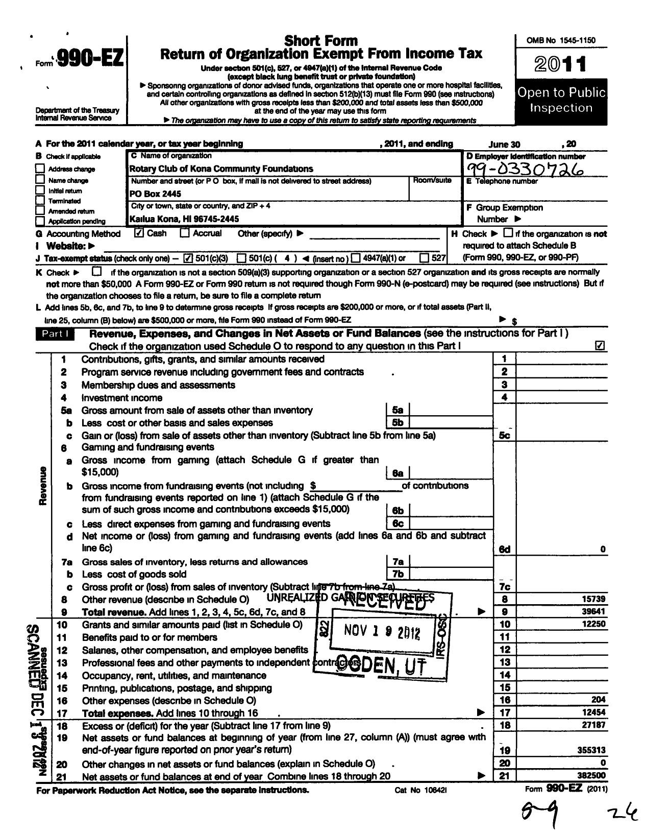 Image of first page of 2010 Form 990EO for Rotary Club of Kona Community Foundation