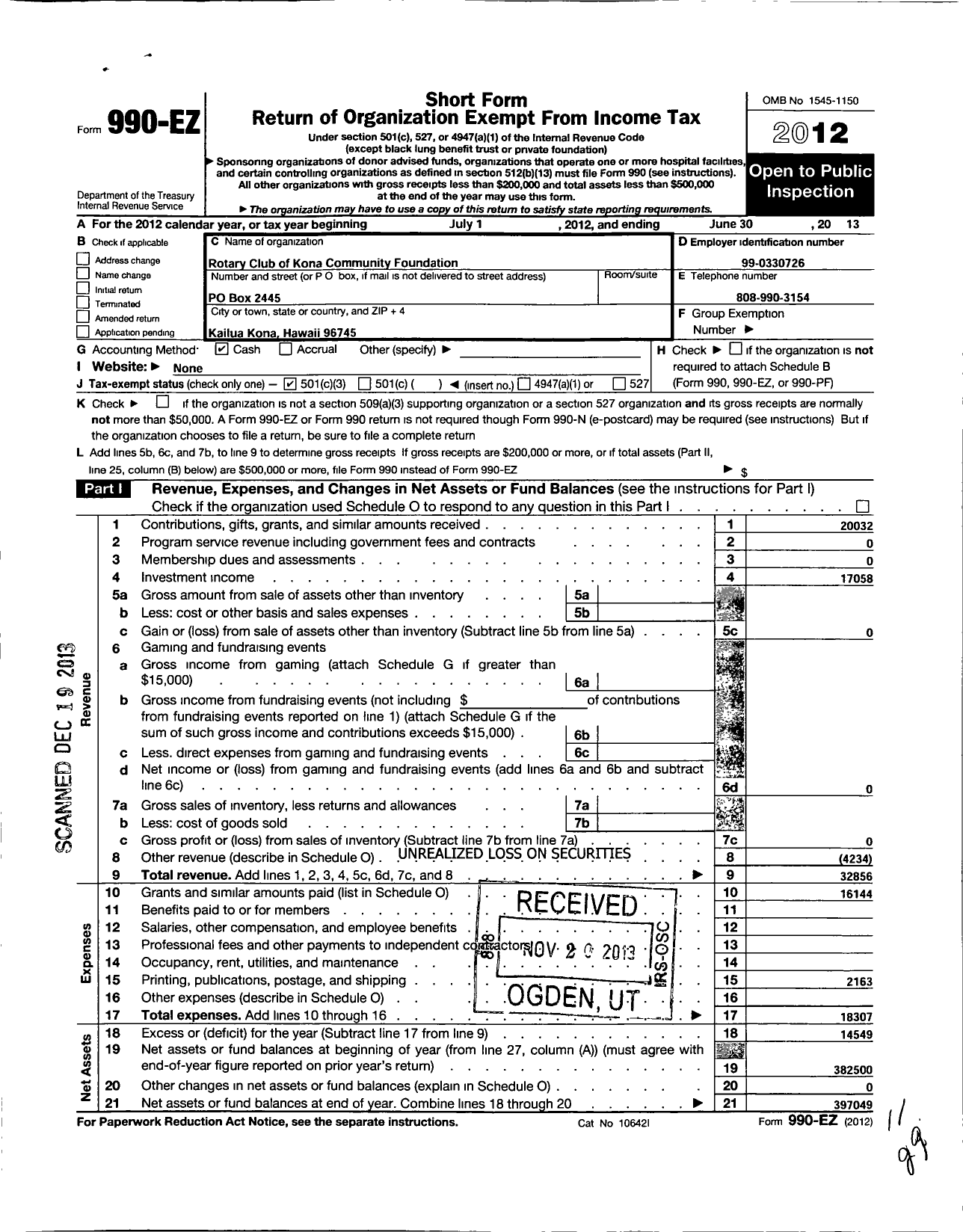 Image of first page of 2012 Form 990EZ for Rotary Club of Kona Community Foundation