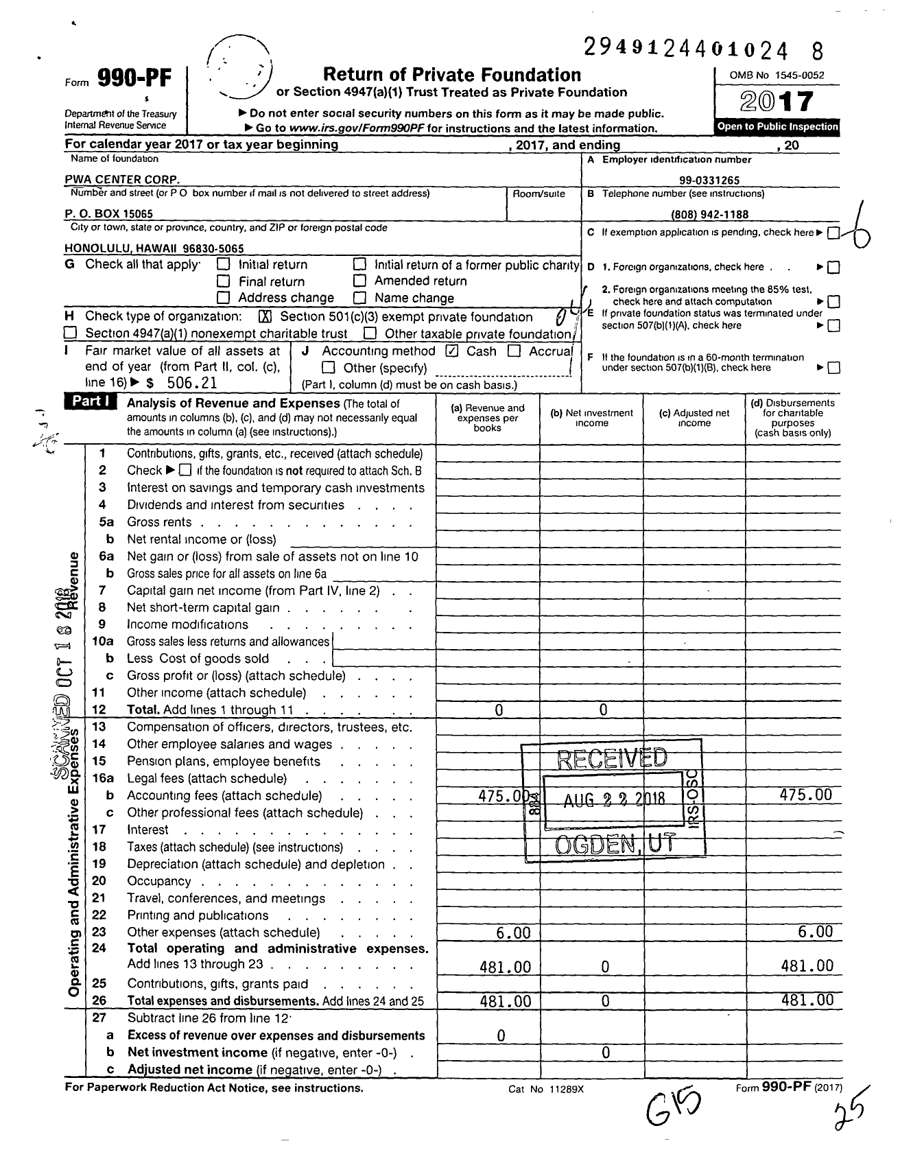 Image of first page of 2017 Form 990PF for Pwa Center Corporation