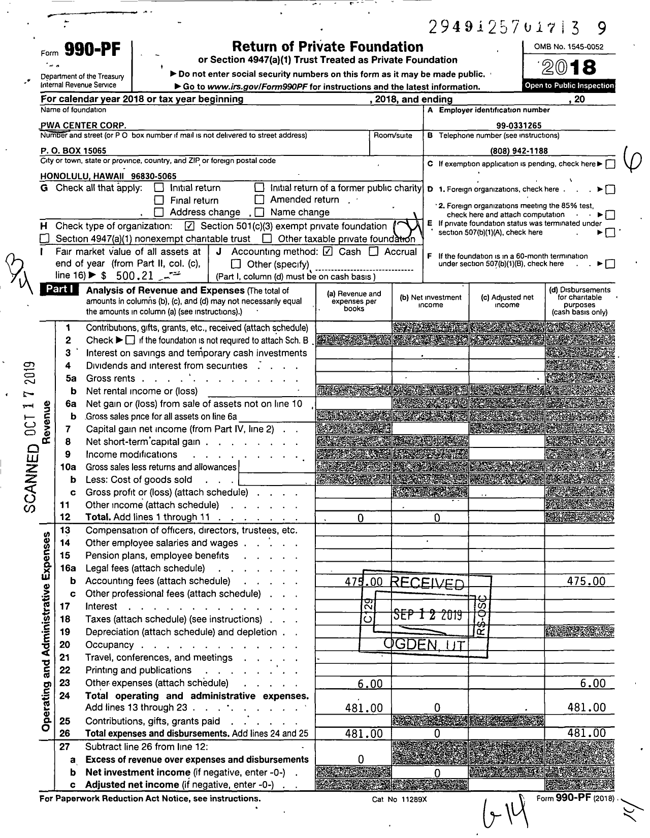 Image of first page of 2018 Form 990PF for Pwa Center Corporation